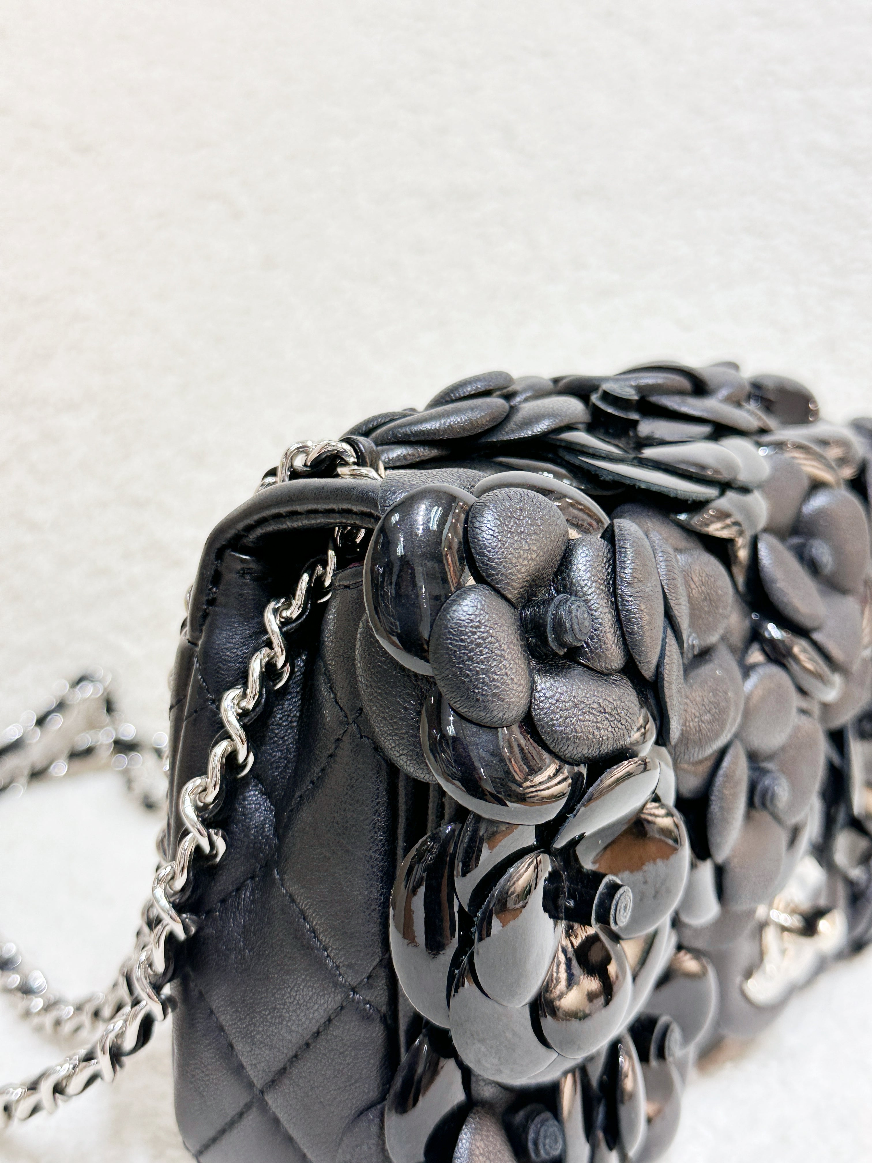 Chanel Mini Rectangular Camellia Flap Bag Black Lambskin and Patent Silver Hardware