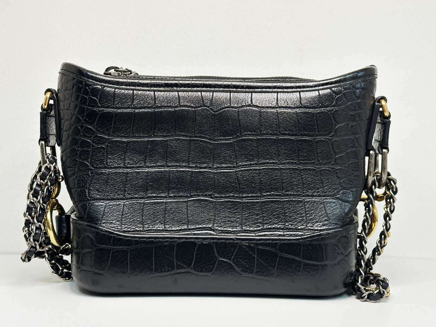 Chanel Small Gabrielle Hobo Bag Crocodile Embossed Calfskin Black 2822 holo card