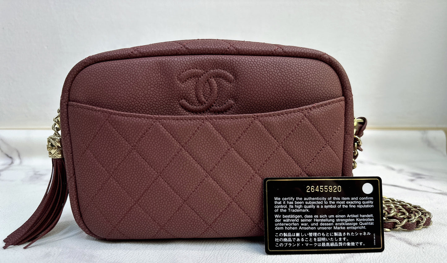 CHANEL Caviar Quilted Mini Coco Tassel Camera Case Burgundy