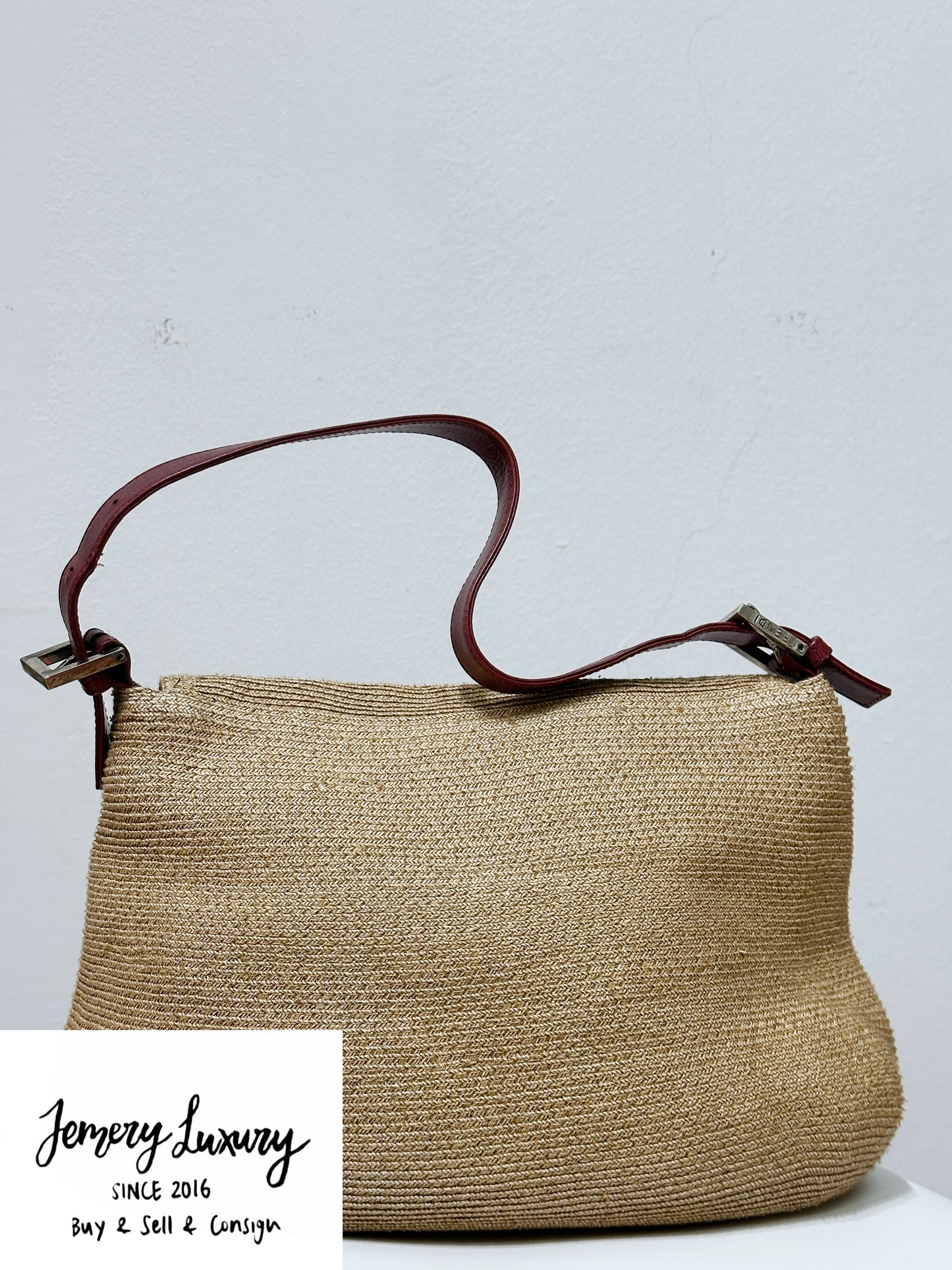 Fendi Mamma Baguette Raffia Straw Shoulder Bag Red Leather Strap