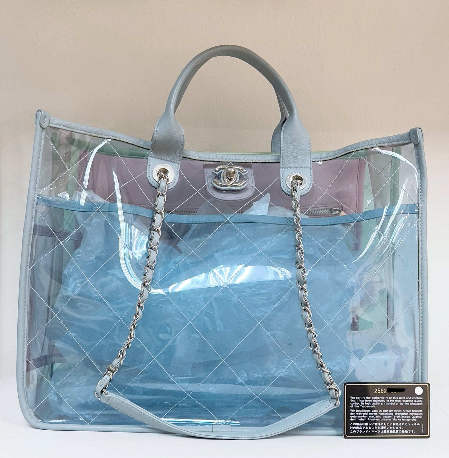 Chanel Lambskin PVC Quilted Medium Coco Splash Shopping Bag Blue Green Pink 2562 holo card