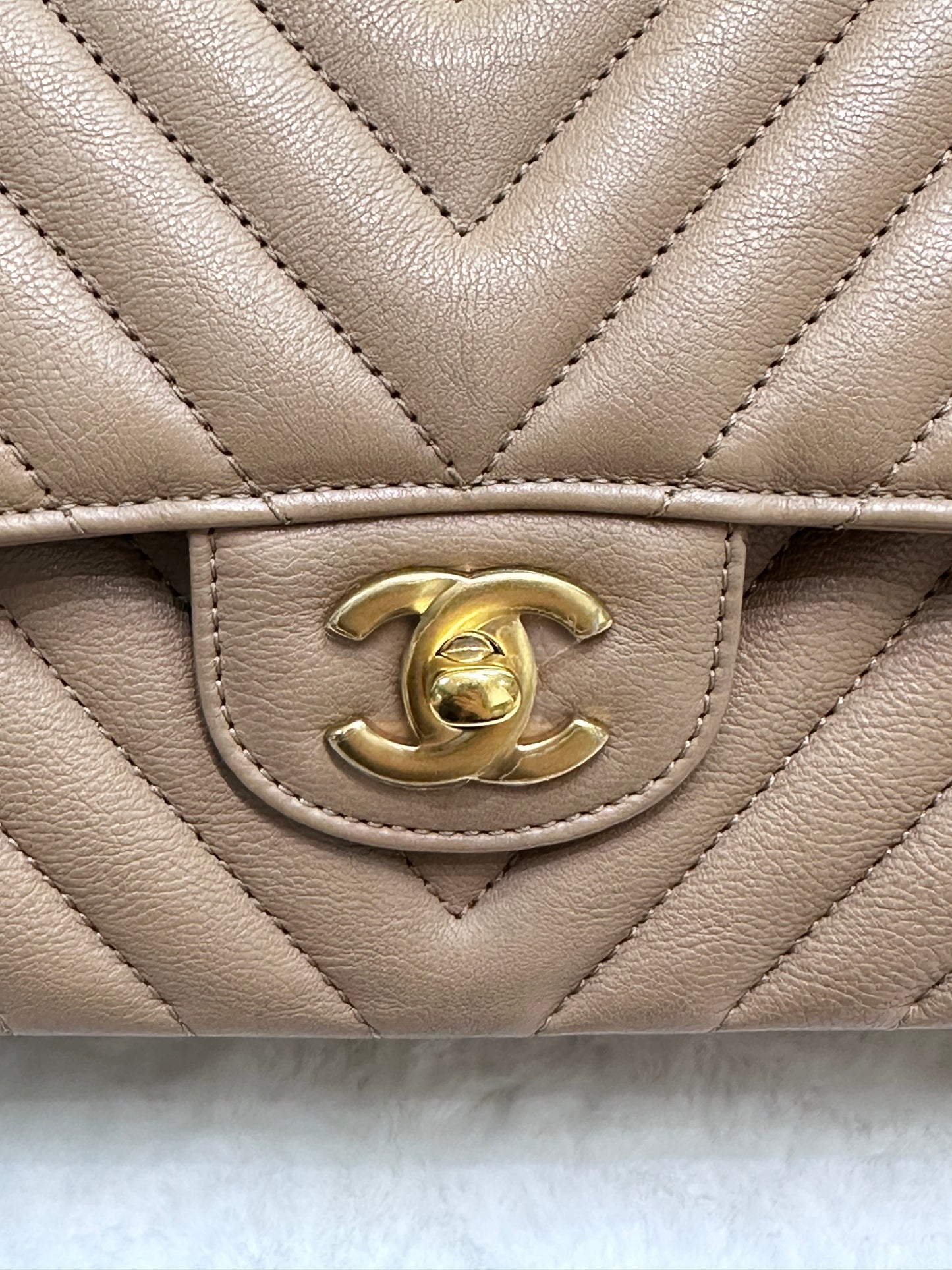 Chanel Classic Medium Beige Chevron Calfskin with Gold Hardware