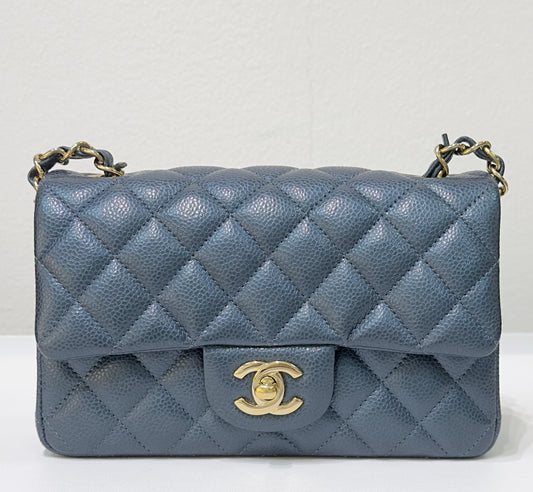 CHANEL Pearly Caviar Quilted Mini Rectangular Flap Navy Blue 18S