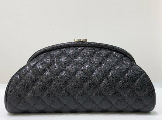 Chanel Quilted Timeless Kisslock Clutch Black Caviar SHW 1228 holo card