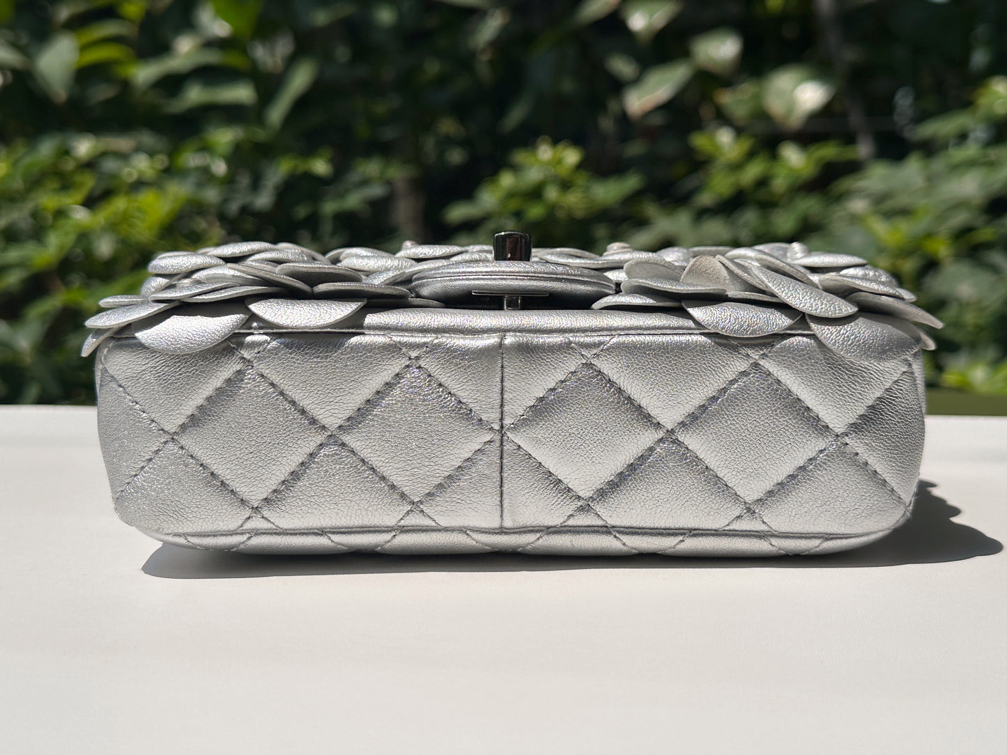 Chanel Mini Camellia Lambskin Shiny Silver SHW 2245 holo