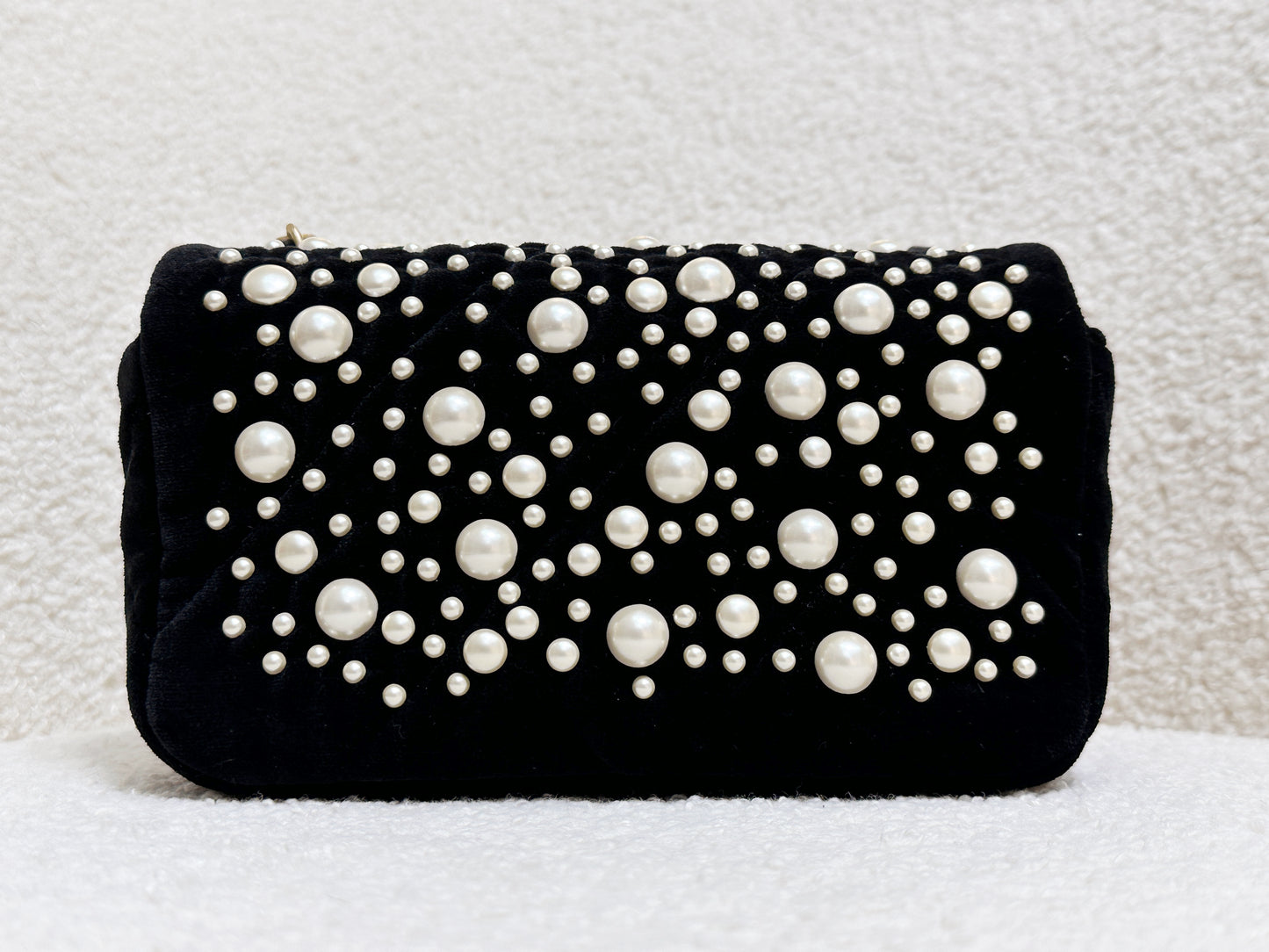 Chanel Mini Black Velvet Pearl Flap Bag X53U microchip