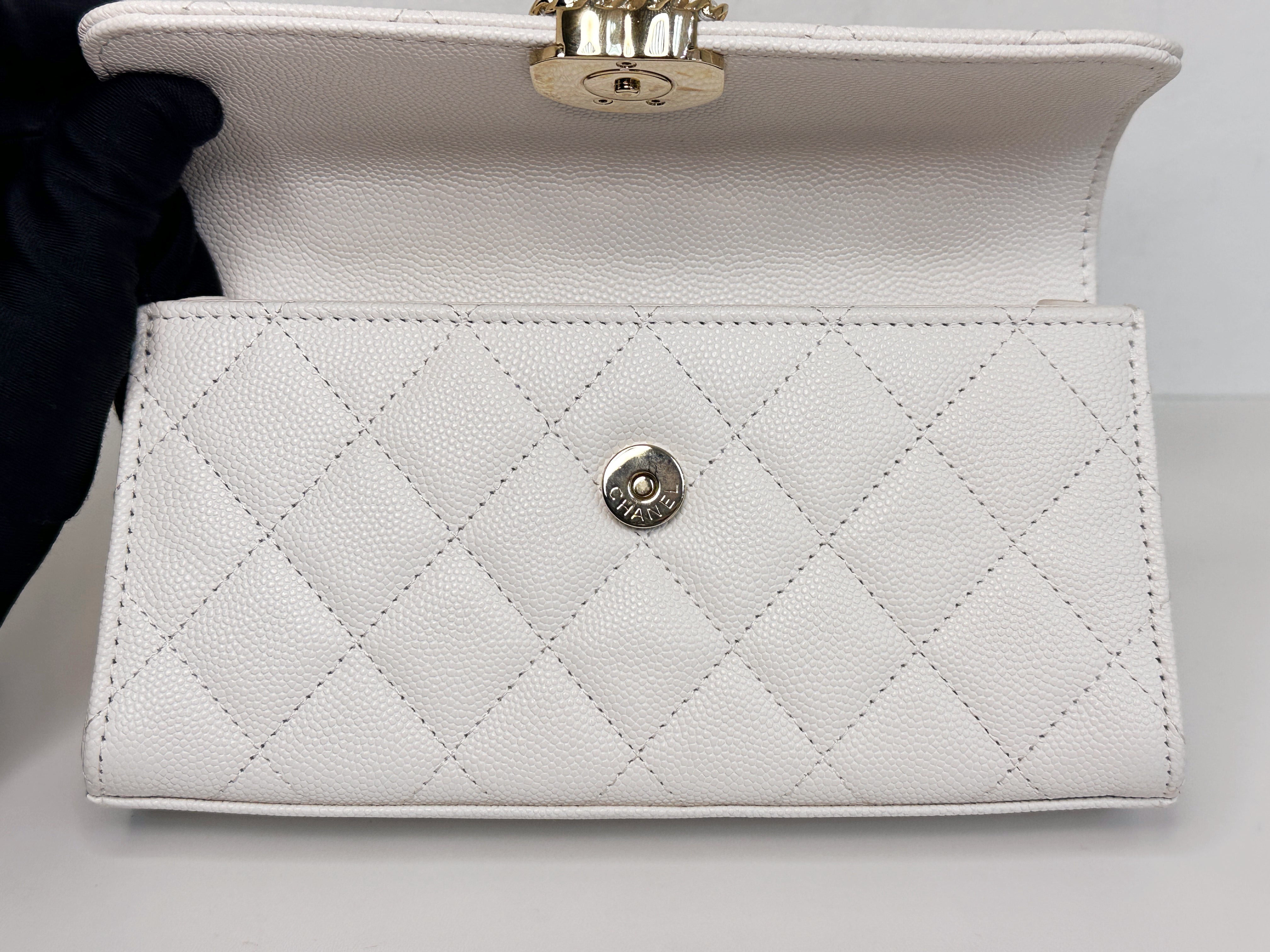 Chanel 23P Top Handle Kelly Clutch with Chain in White Caviar GHW