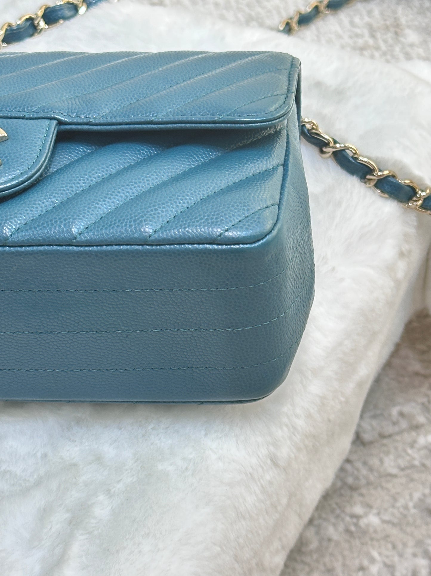 Chanel Mini Caviar Rectangular Chevron Turquoise Green GHW