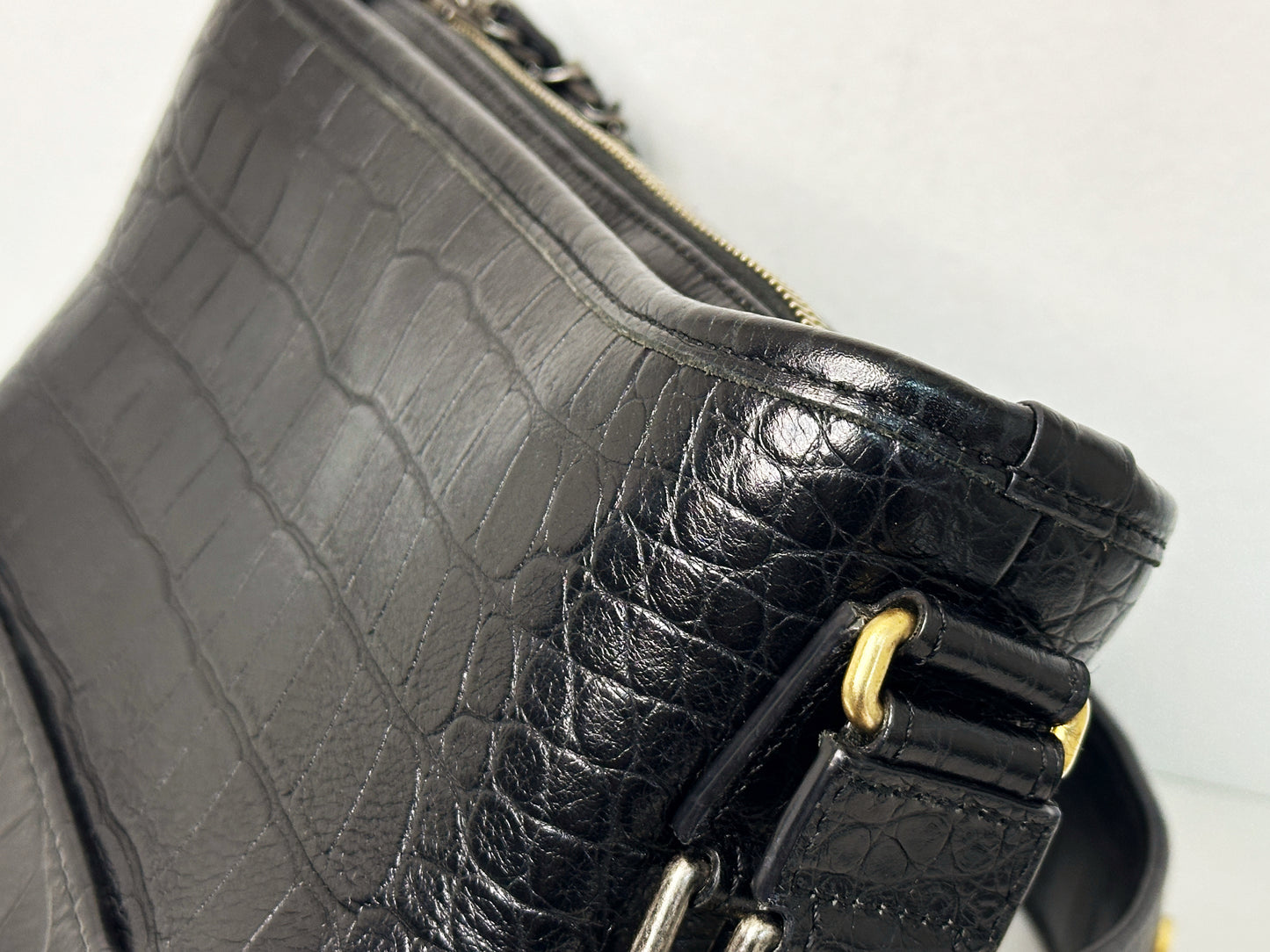 Chanel Small Gabrielle Hobo Bag Crocodile Embossed Calfskin Black 2822 holo card