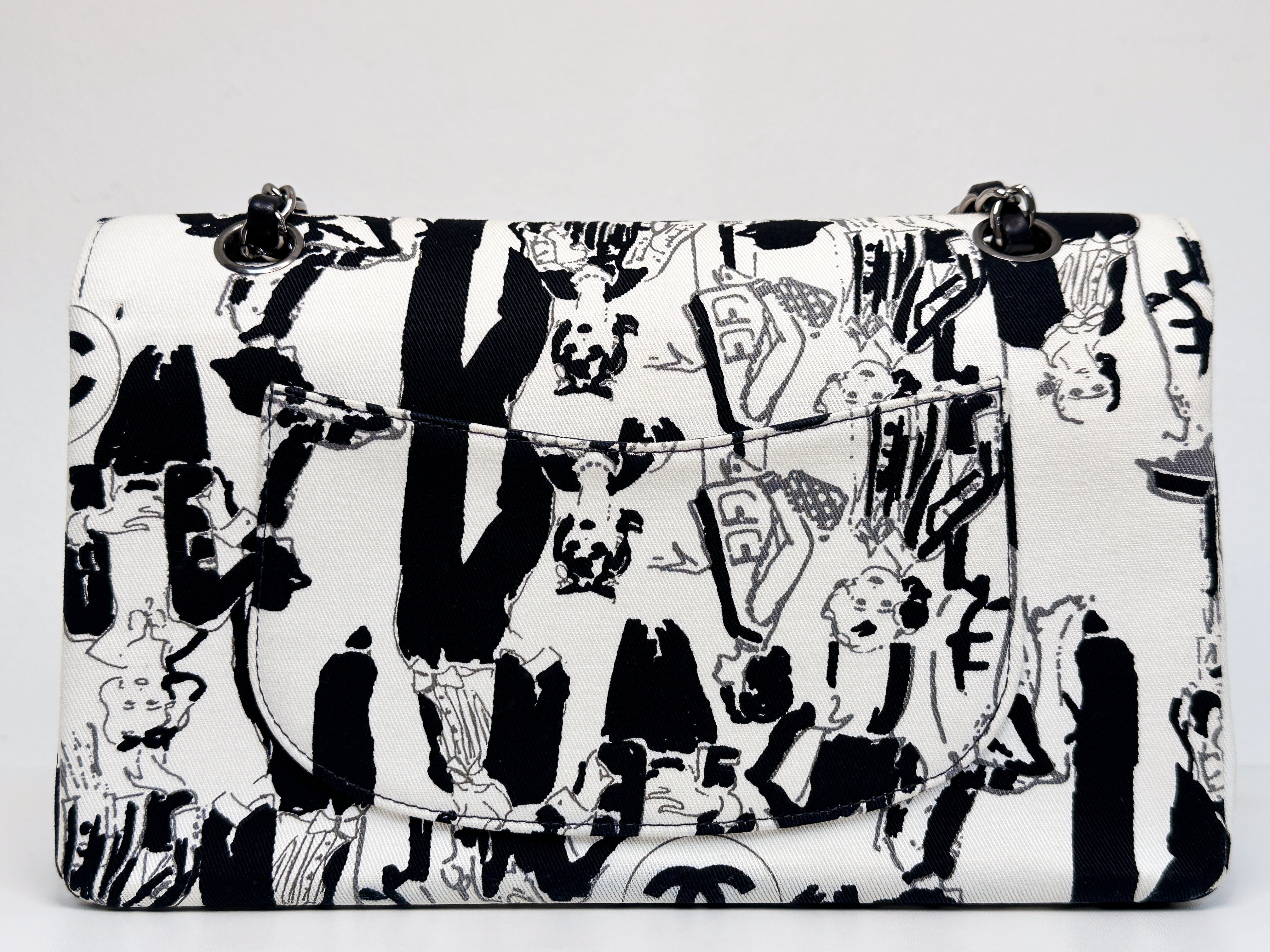 Chanel Canvas Coco Icons Medium Double Flap Bag Black White 827 holo card