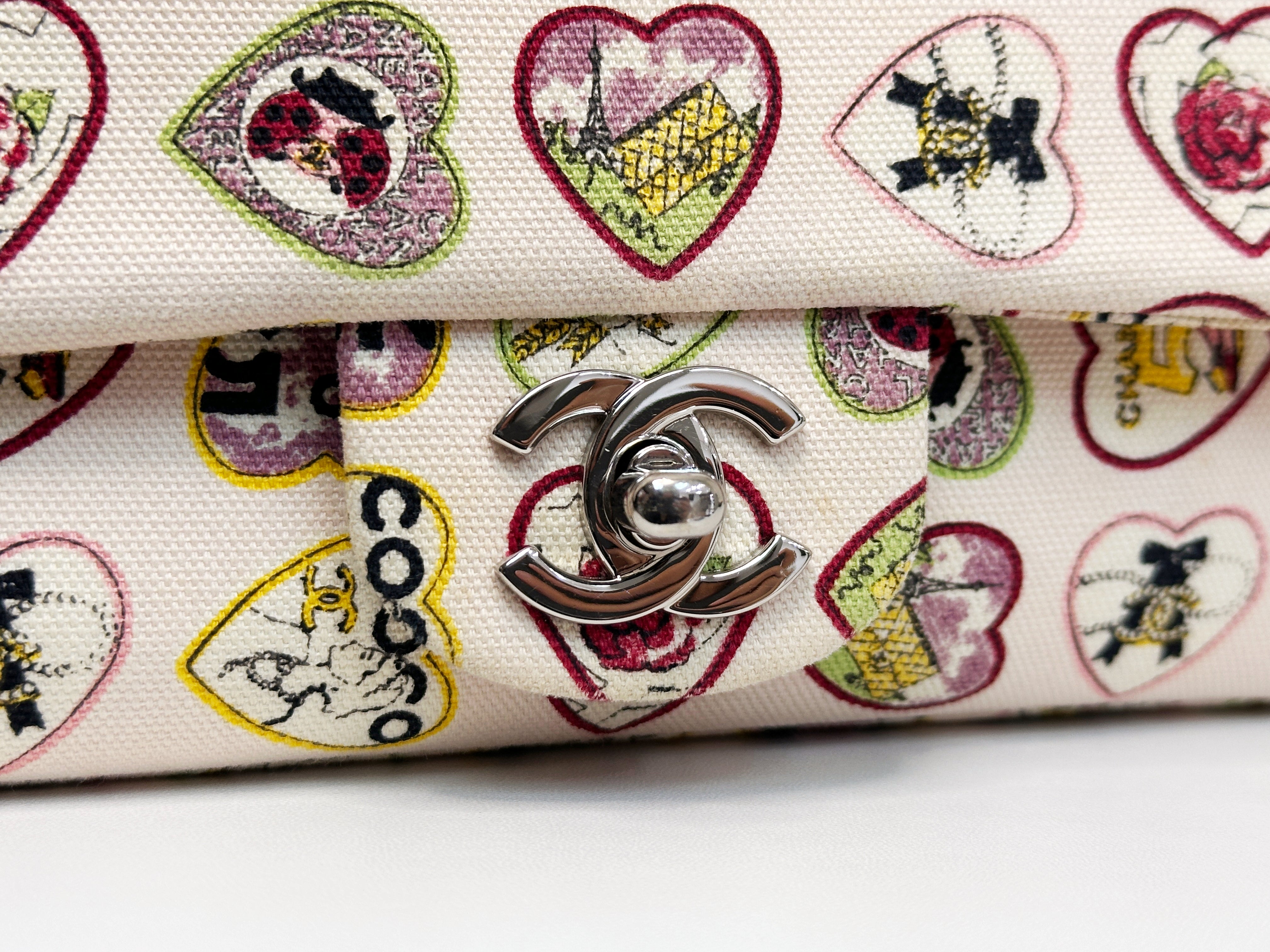 Chanel Valentine Coco Heart Motif Printed Pink Canvas East West Flap Bag 1064 holo