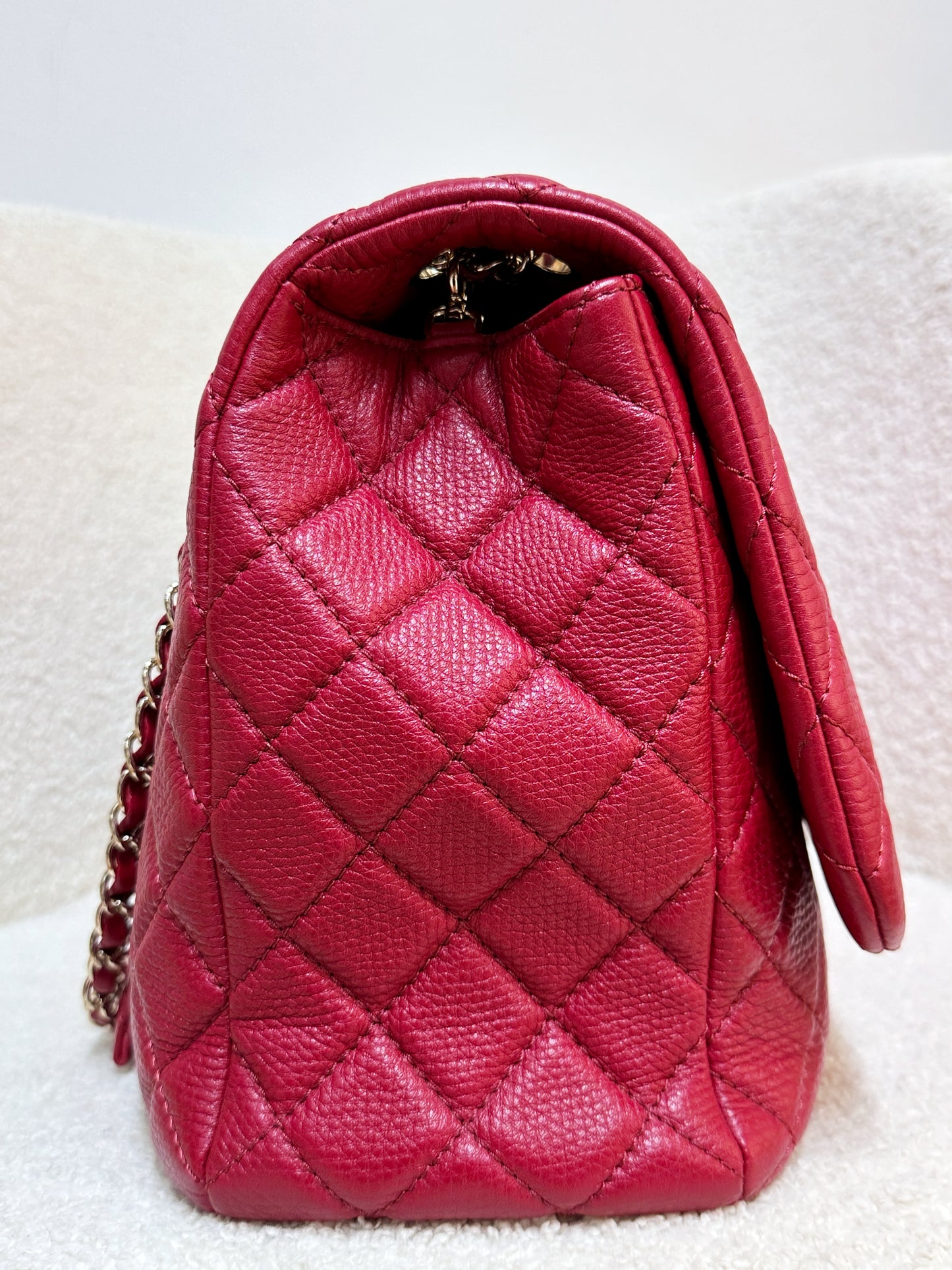 Chanel Red Grained Calfskin XL Small Travel Flap Bag Light Gold Hardware