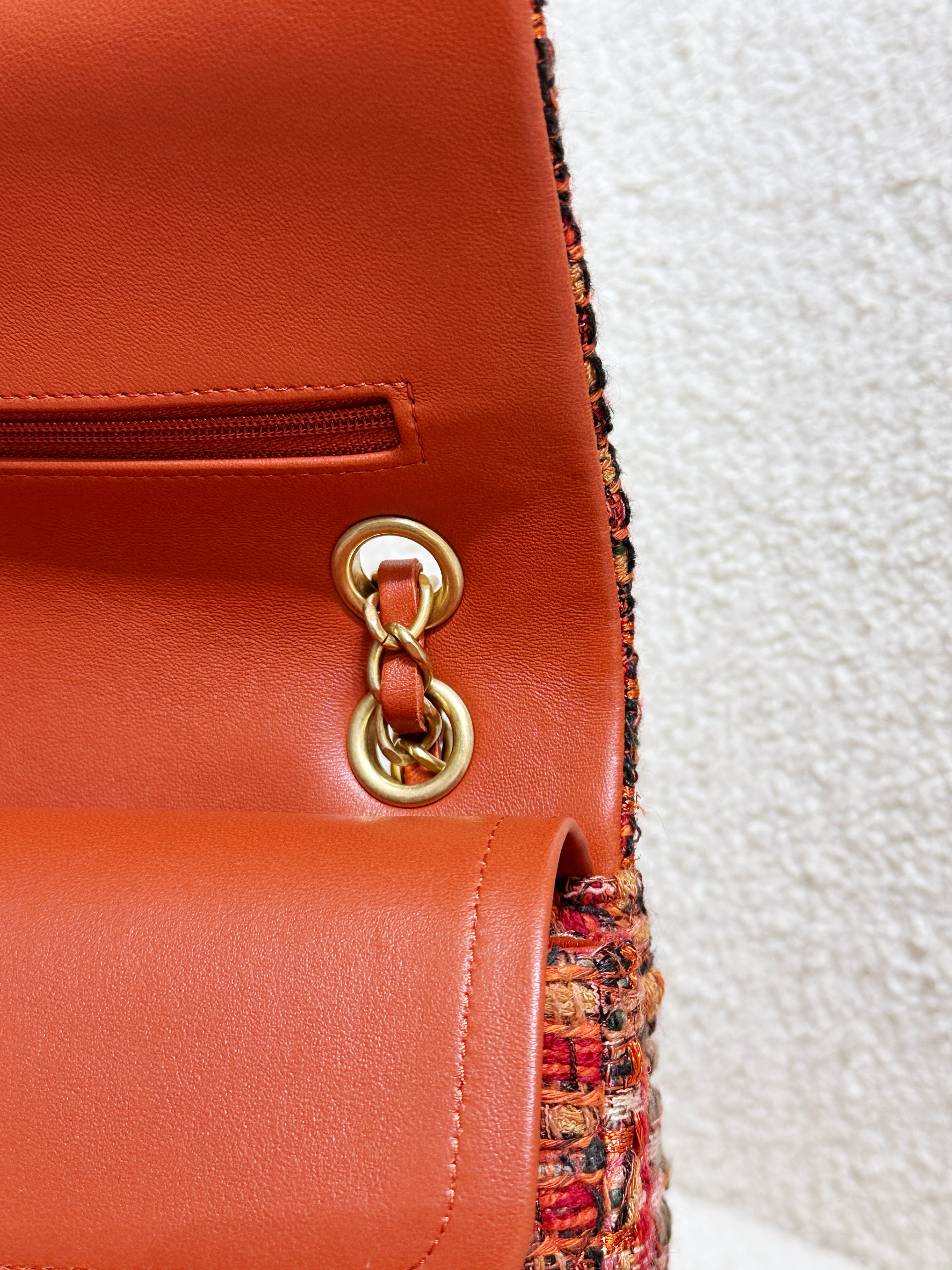 Chanel Tweed Quilted Medium Double Flap Bag Orange Multicolor K9J2 microchip