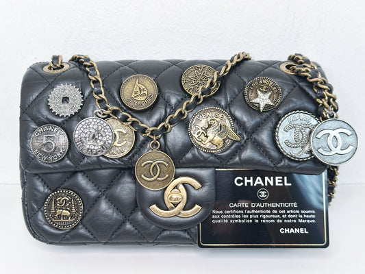 Chanel Mini Limited Edition Aged Calfskin Quilted Medallion Flap Black GHW 2063 holo card