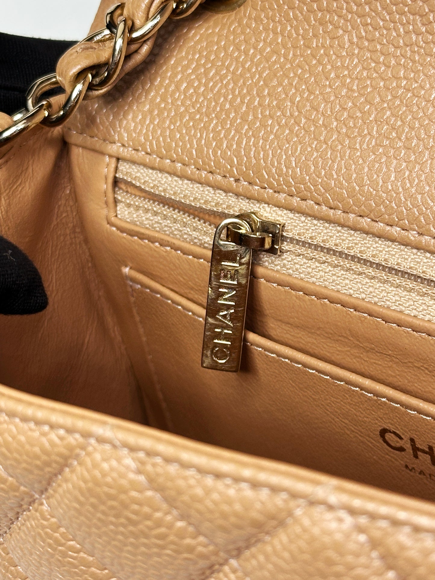 Chanel Classic Mini Rectangular Caviar Dark Beige Bag GHW 259 holo card (corner slightly touch)