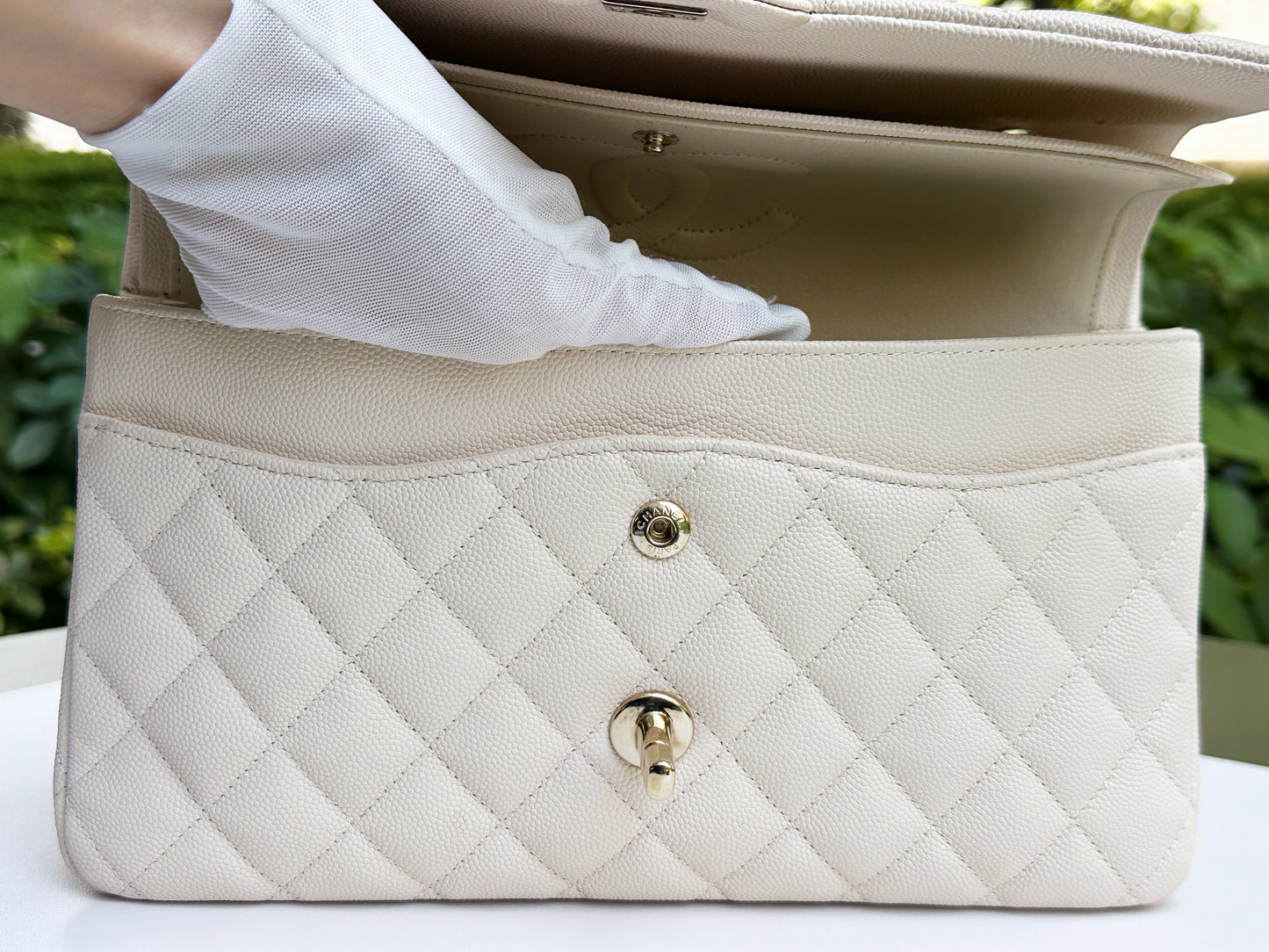 Chanel Medium Caviar Classic Quilted Double Flap Ivory Light Beige Bag LGHW