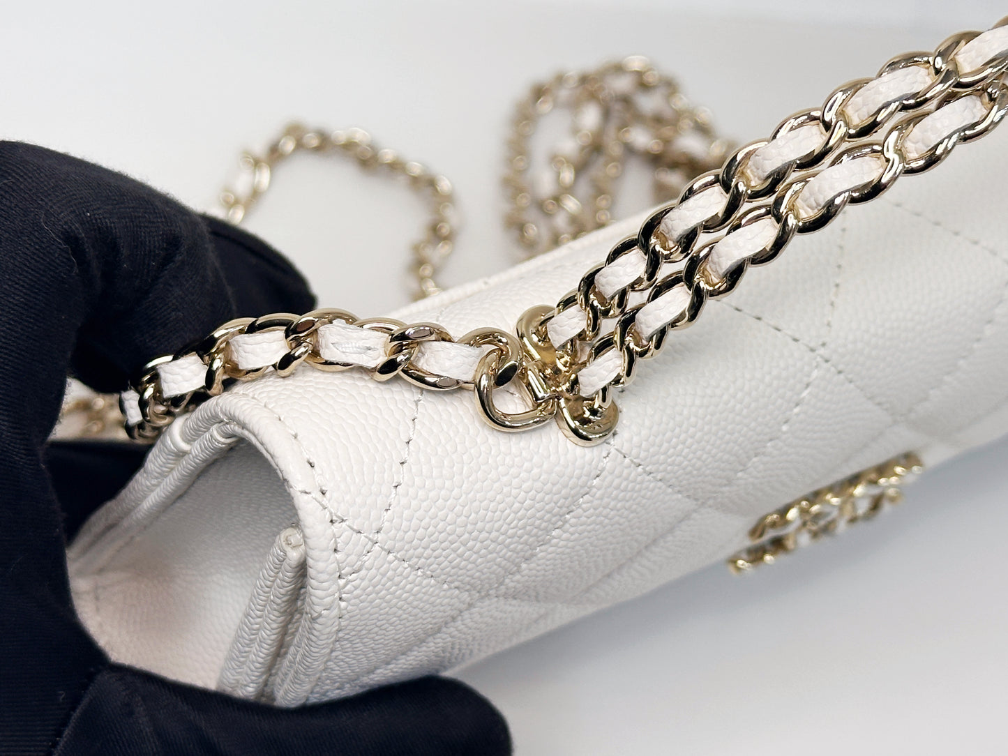 Chanel 23P Top Handle Kelly Clutch with Chain in White Caviar GHW
