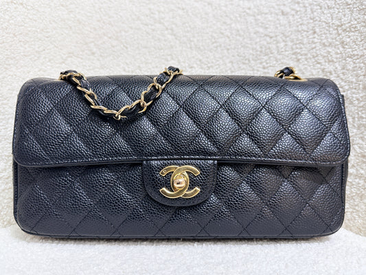 Chanel 24K Gold Caviar East West Flap Bag Black GHW 1273 holo card