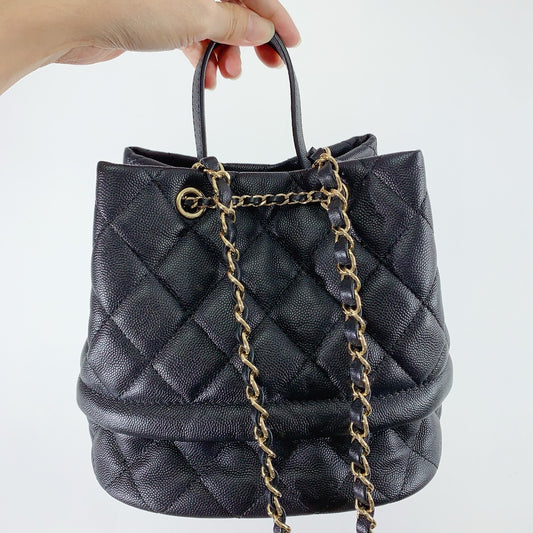 Chanel 19B Caviar Quillted Rolled Bucket Drawstring Bag