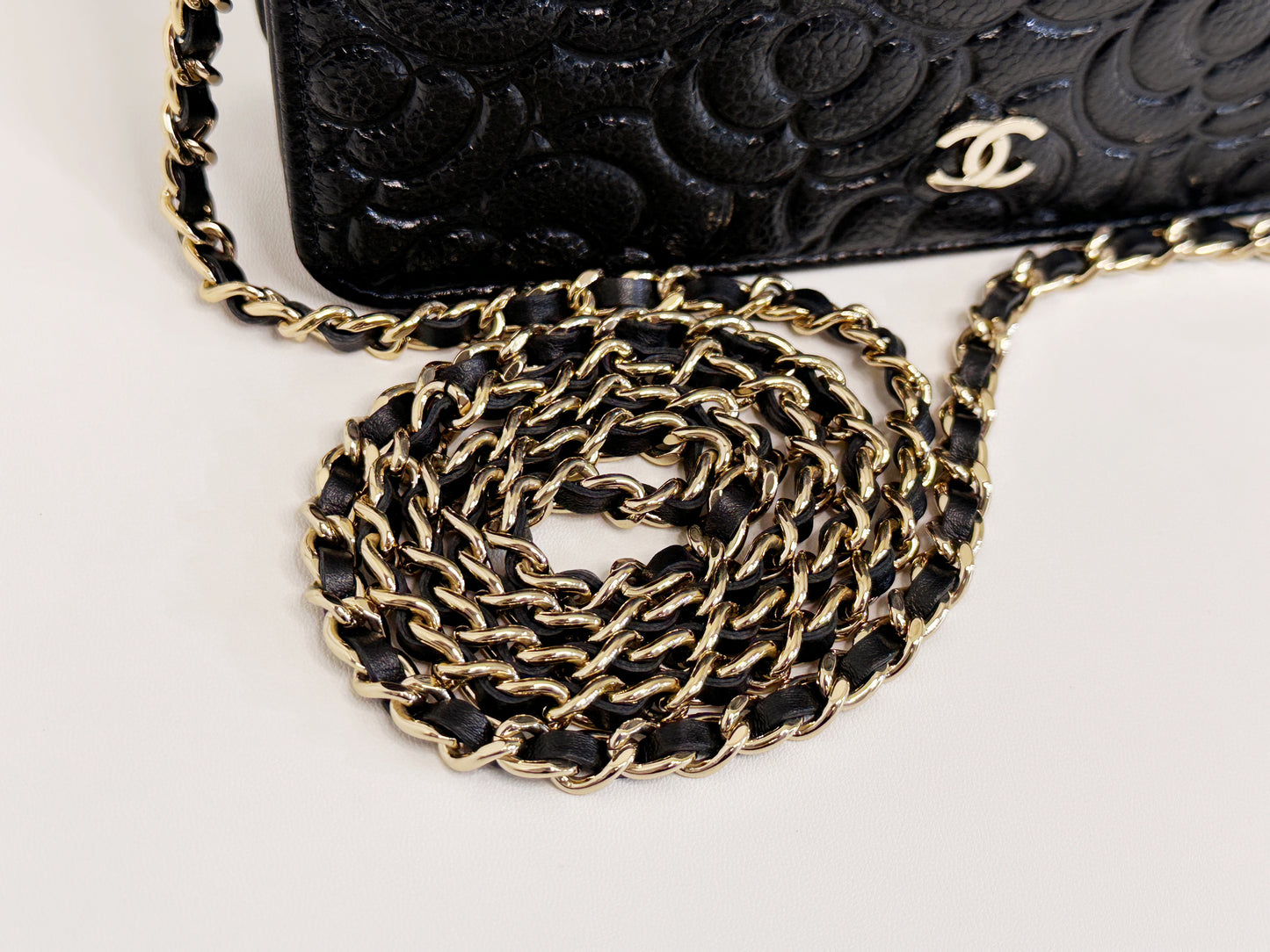 Chanel Black Caviar Camellia Embossed Wallet on Chain WOC Crossbody/ Clutch Bag 2951 holo card