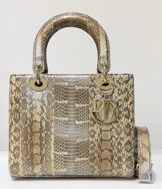 Christian Dior Medium Bicolor Python Leather Lady Dior Flap Closure Bag