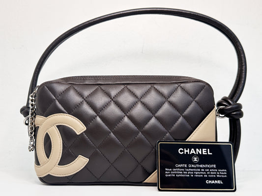 Chanel Calfskin Quilted Cambon Pochette Dark Brown 928 holo card