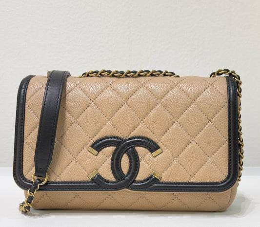 Chanel Small Caviar Quilted CC Filigree Flap Beige Black GHW