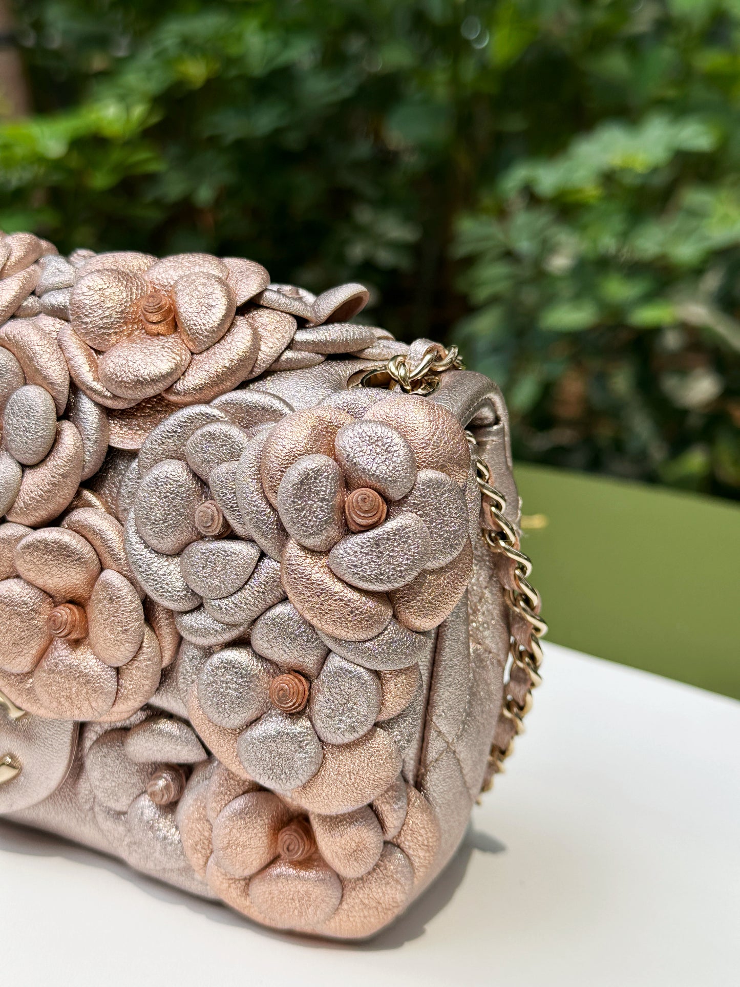 Chanel Camellia Mini Metallic Rose Gold/Pink Lambskin Gold Hardware 2078 holo card