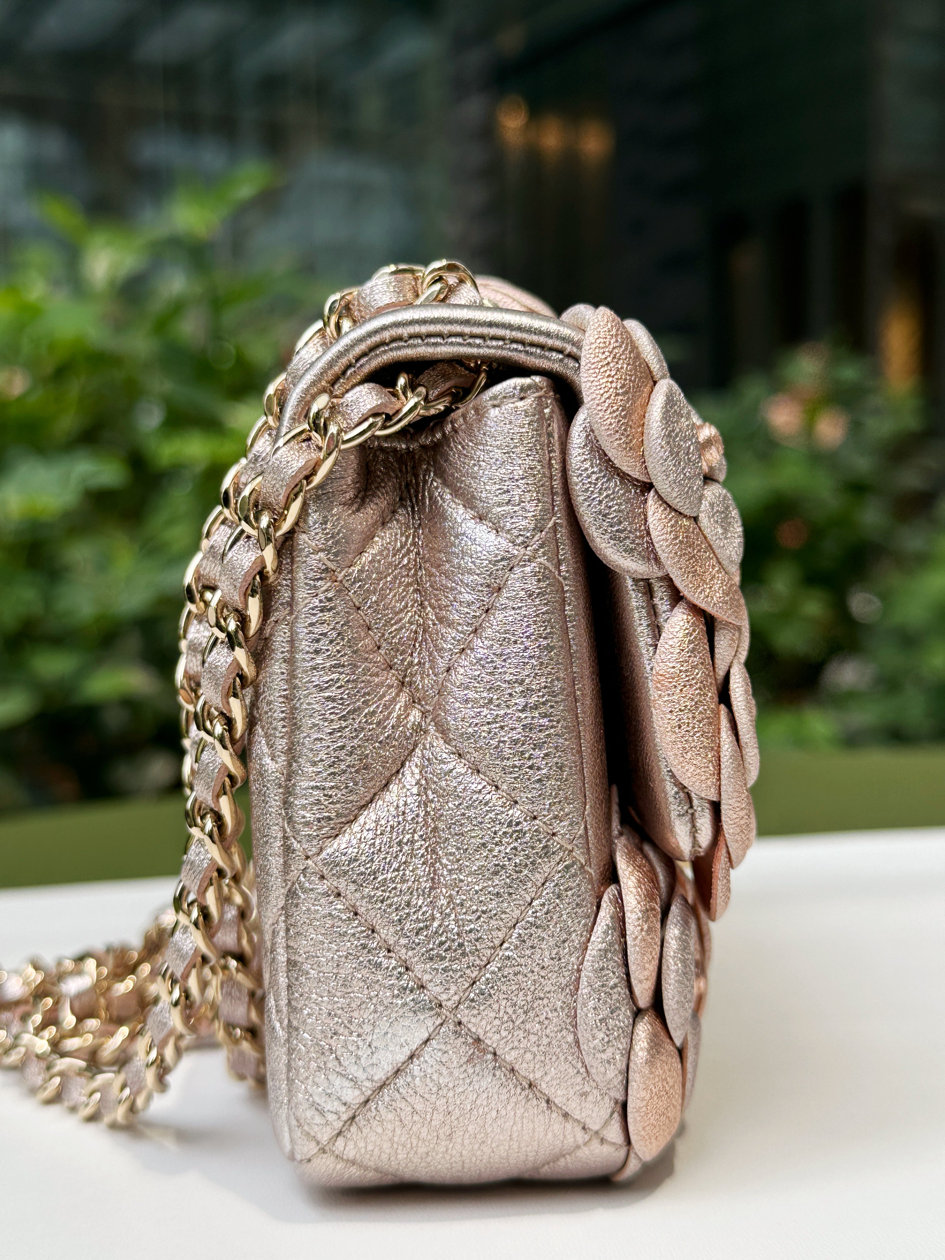 Chanel Camellia Mini Metallic Rose Gold/Pink Lambskin Gold Hardware 2078 holo card