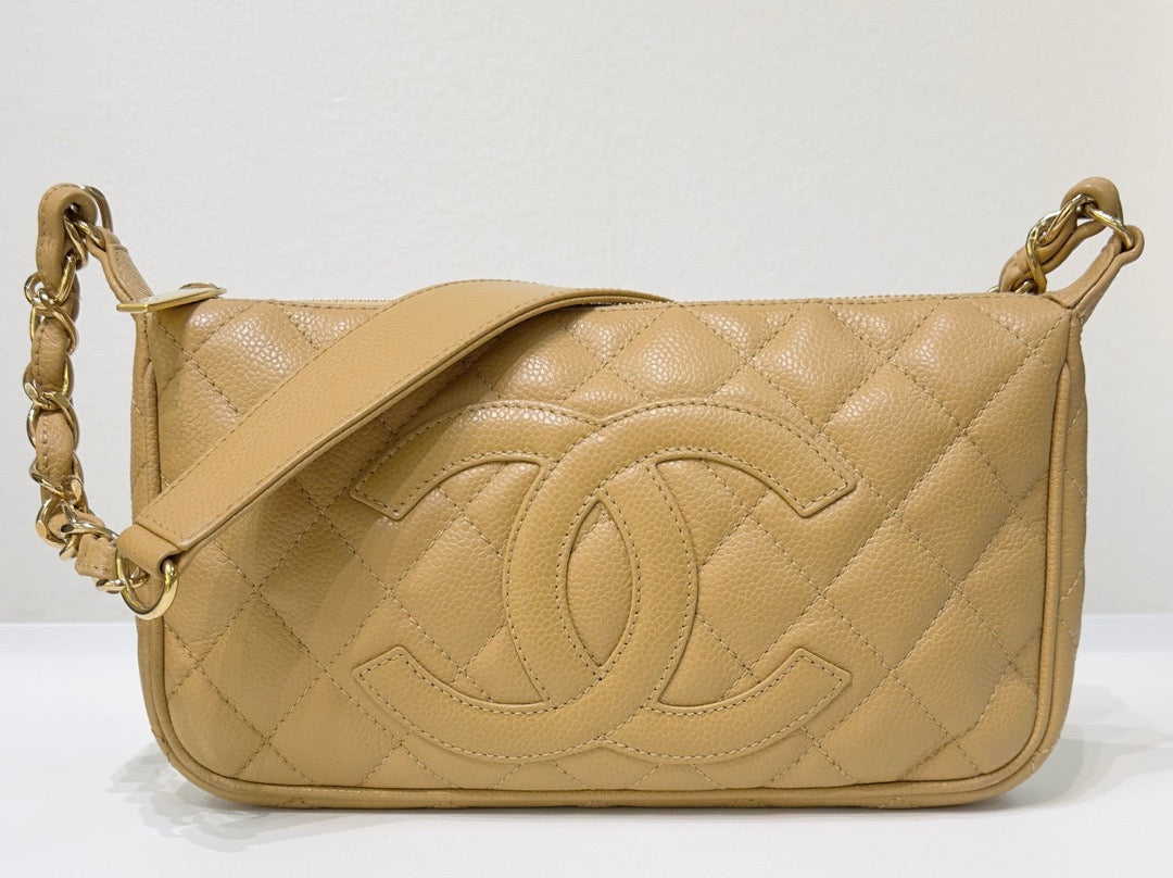 Chanel Small Caviar Quilted Pochette Shoulder Bag Beige GHW