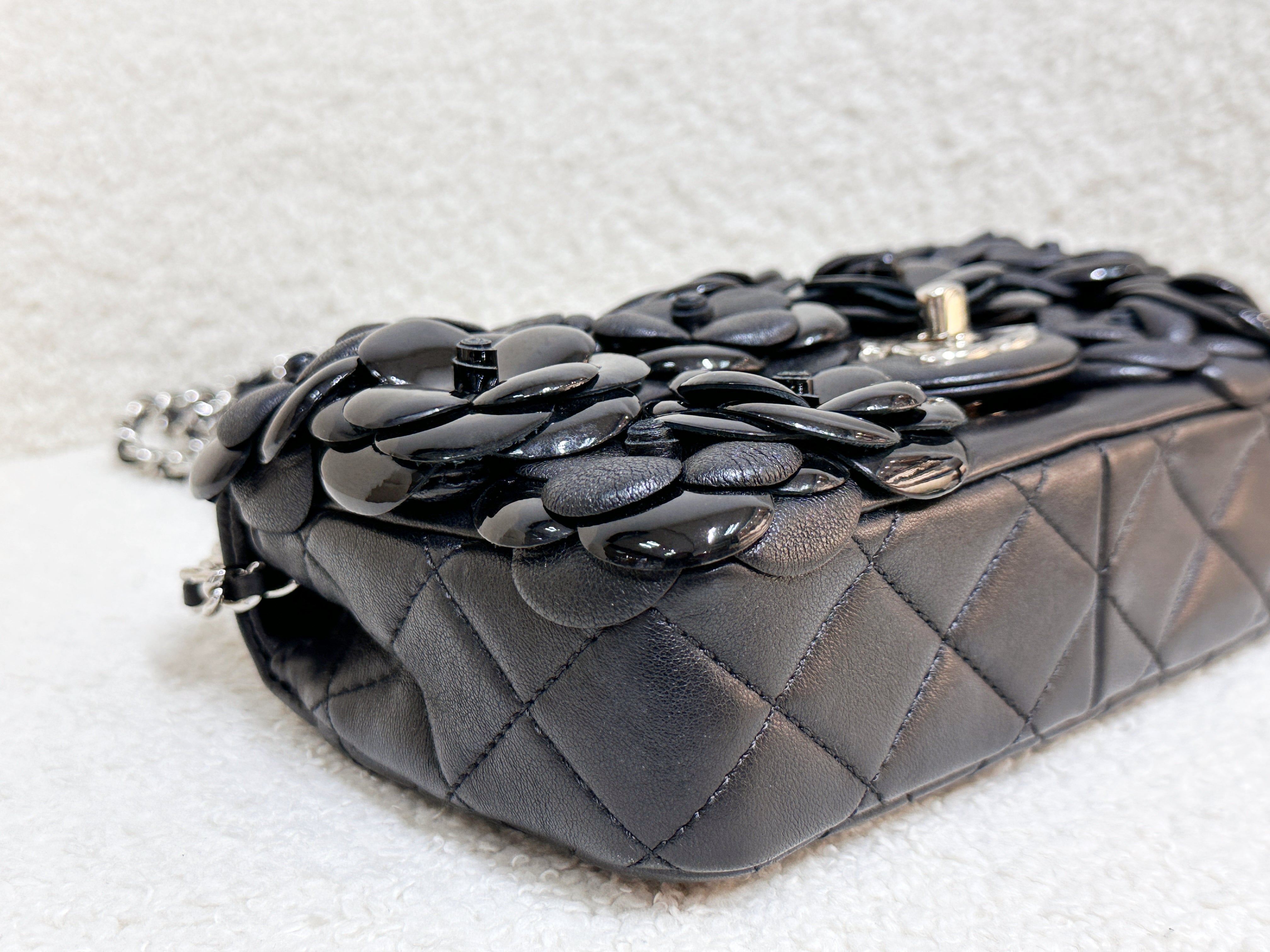 Chanel Mini Rectangular Camellia Flap Bag Black Lambskin and Patent Silver Hardware