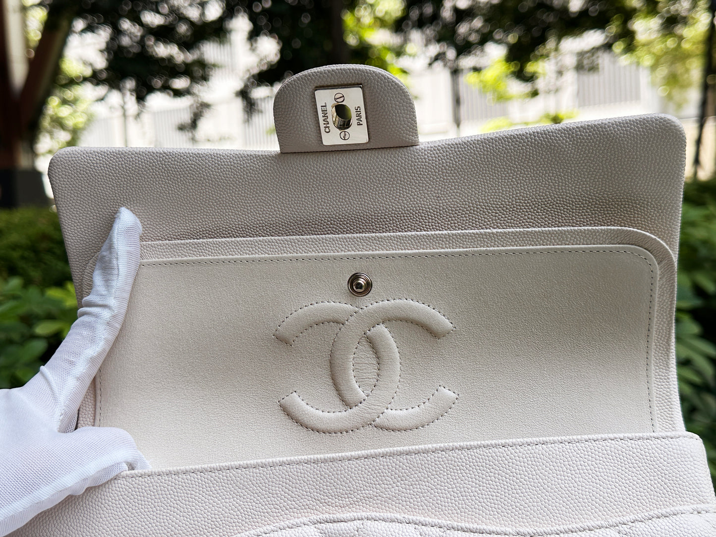 Chanel Medium Caviar Classic Quilted Double Flap Ivory Light Beige Bag LGHW