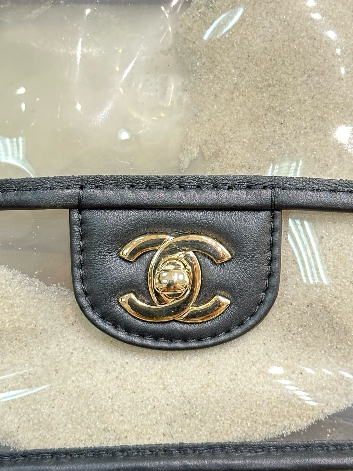 Chanel Medium Lambskin CoCo Sand PVC Sand By The Sea Flap With Pearl Strap Black GHW