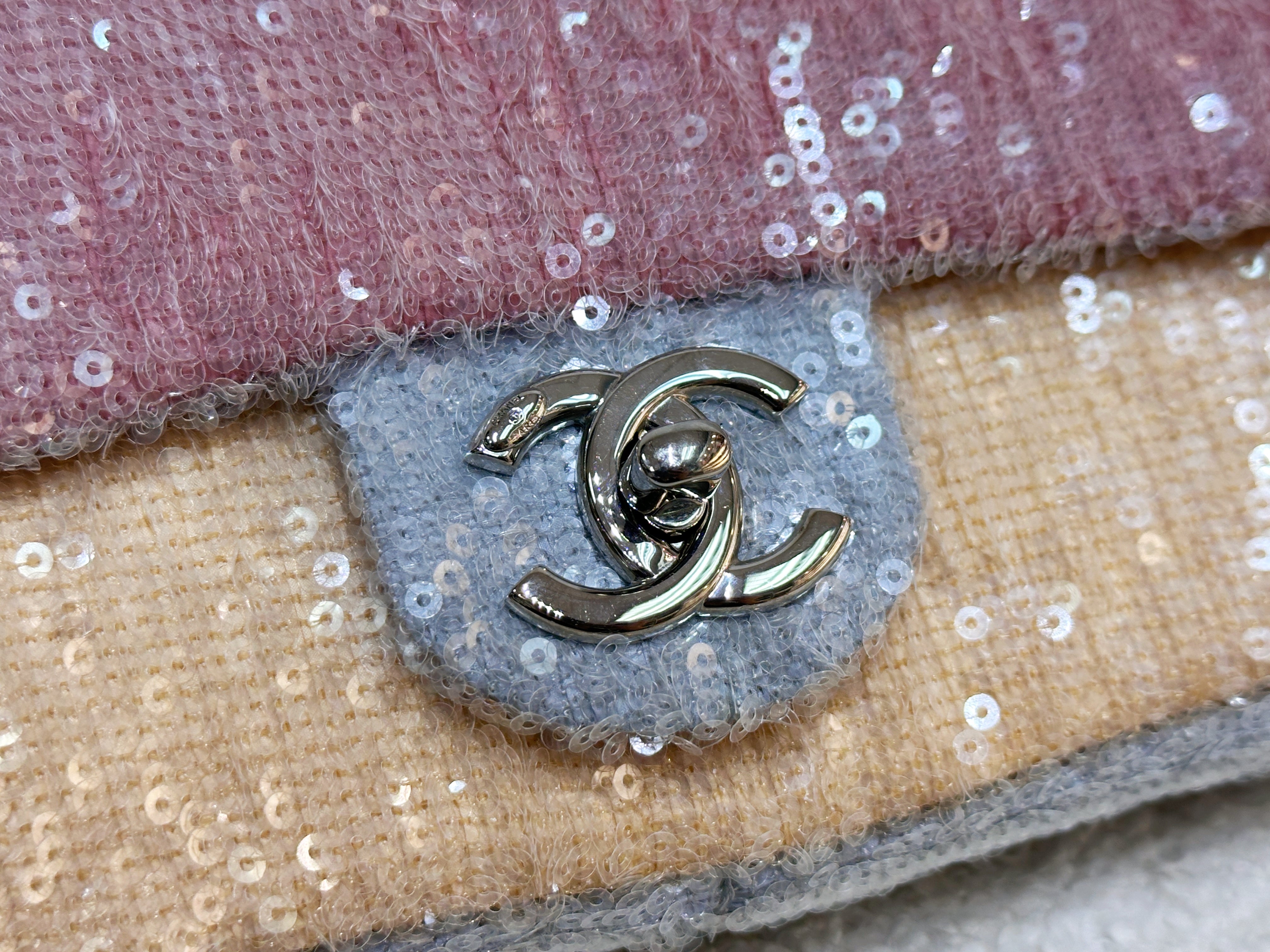 Chanel 18S Sequin Mini Waterfall Flap Pink Blue Yellow 2557 holo card