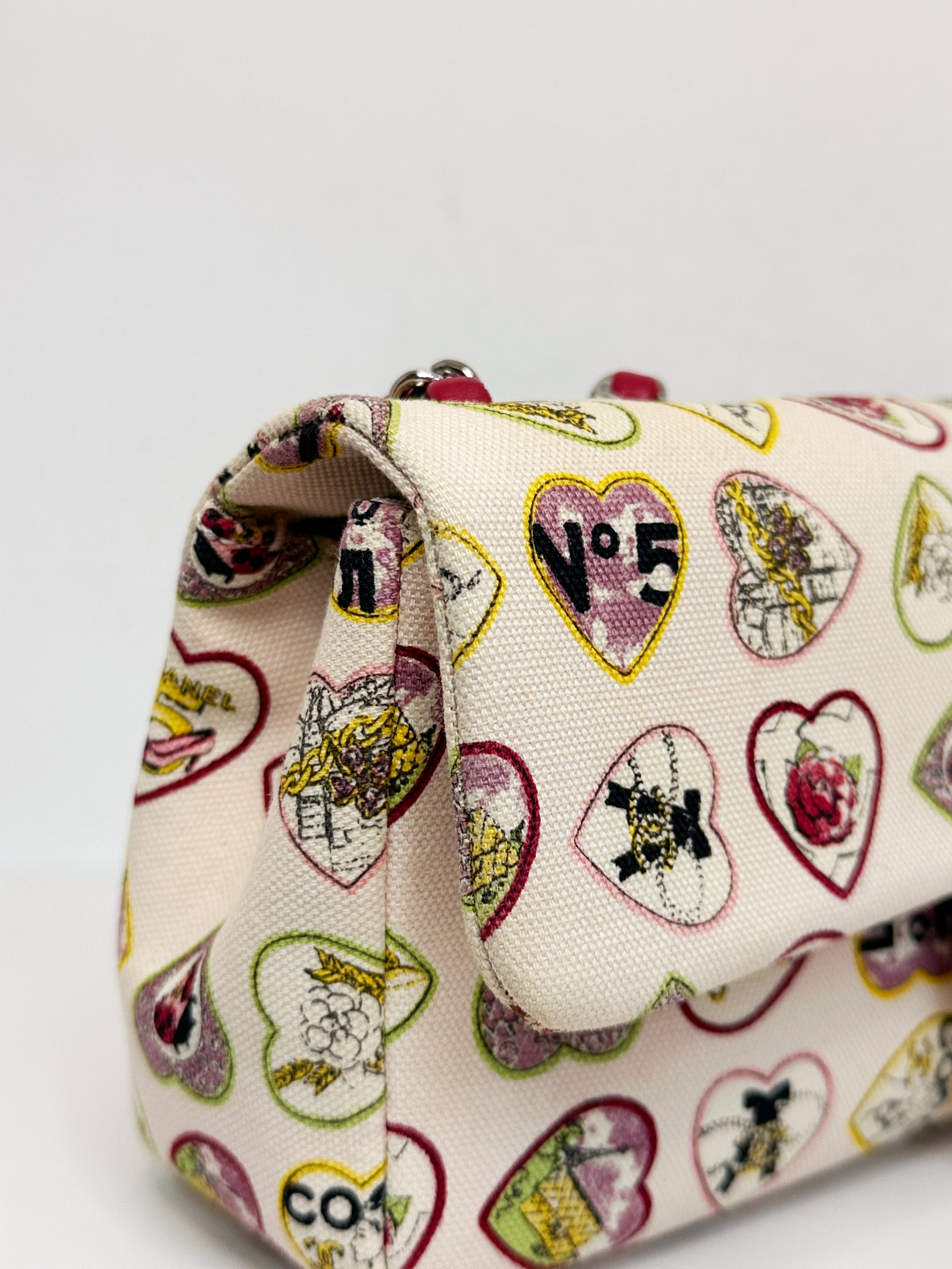 Chanel Valentine Coco Heart Motif Printed Pink Canvas East West Flap Bag 1064 holo