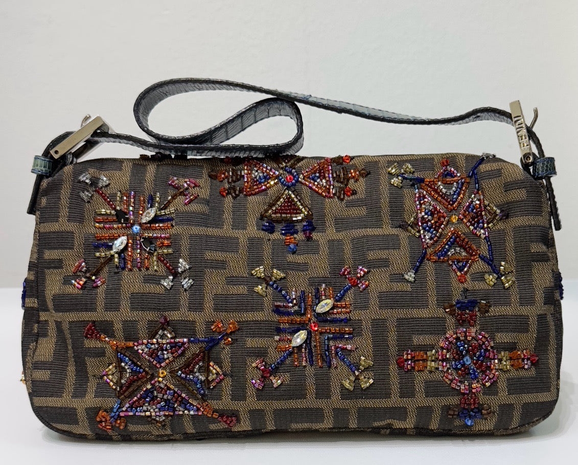 Fendi Baguette Zucca Monogram with Beaded Floral Embroidery SHW