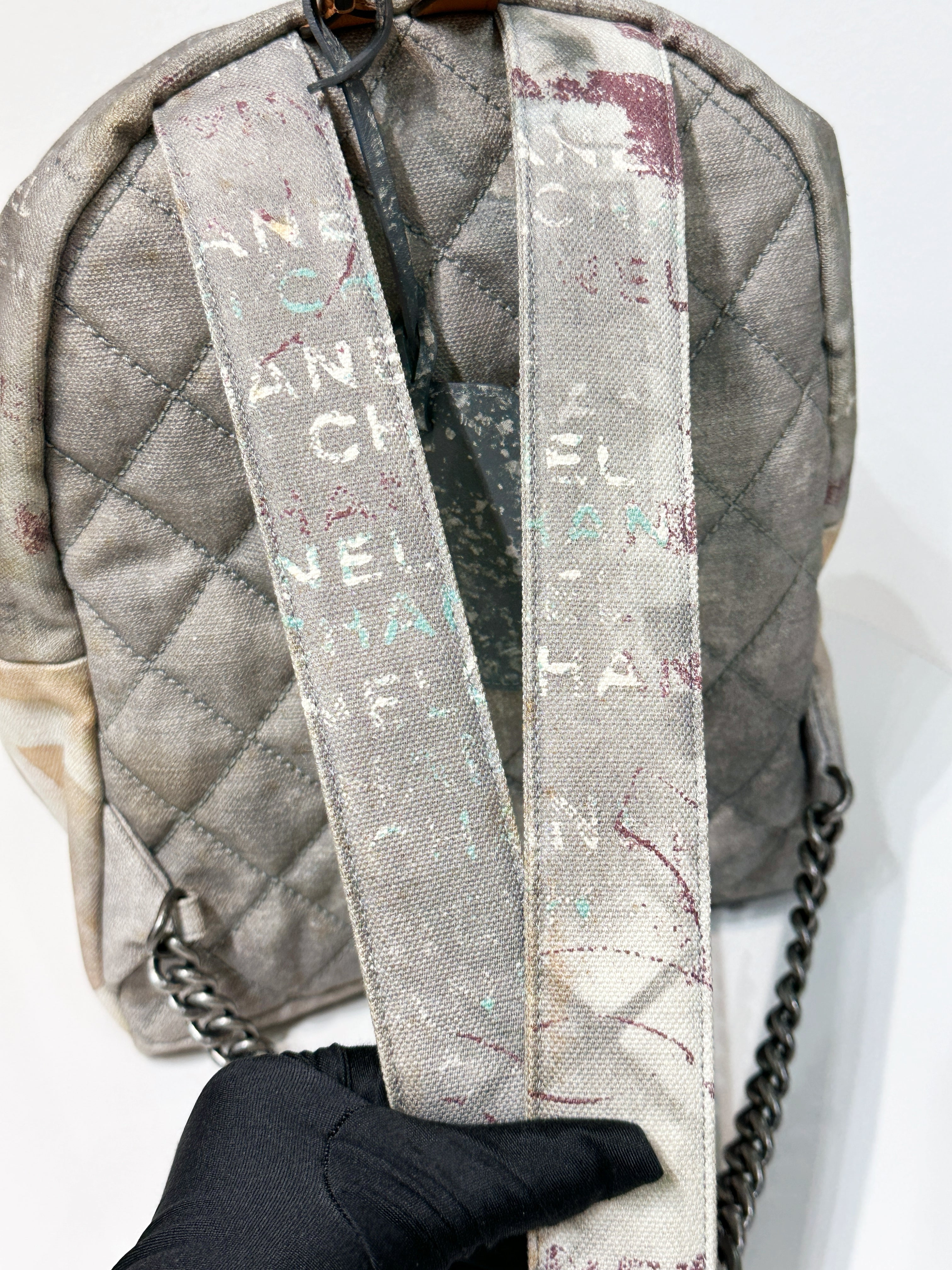Preloved authentic Chanel Graffiti Printed Canvas Medium Backpack Grey