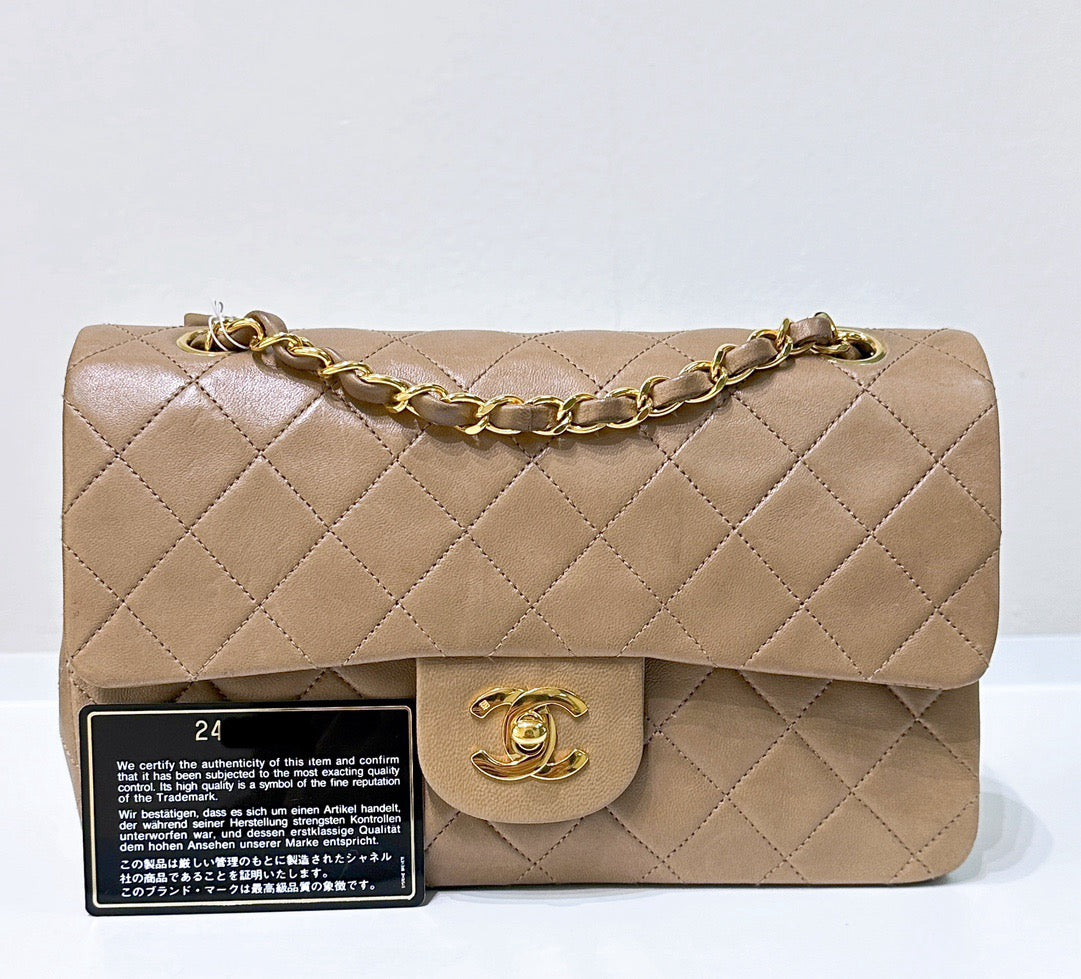 Classic Medium Double Flap in Beige with GHW