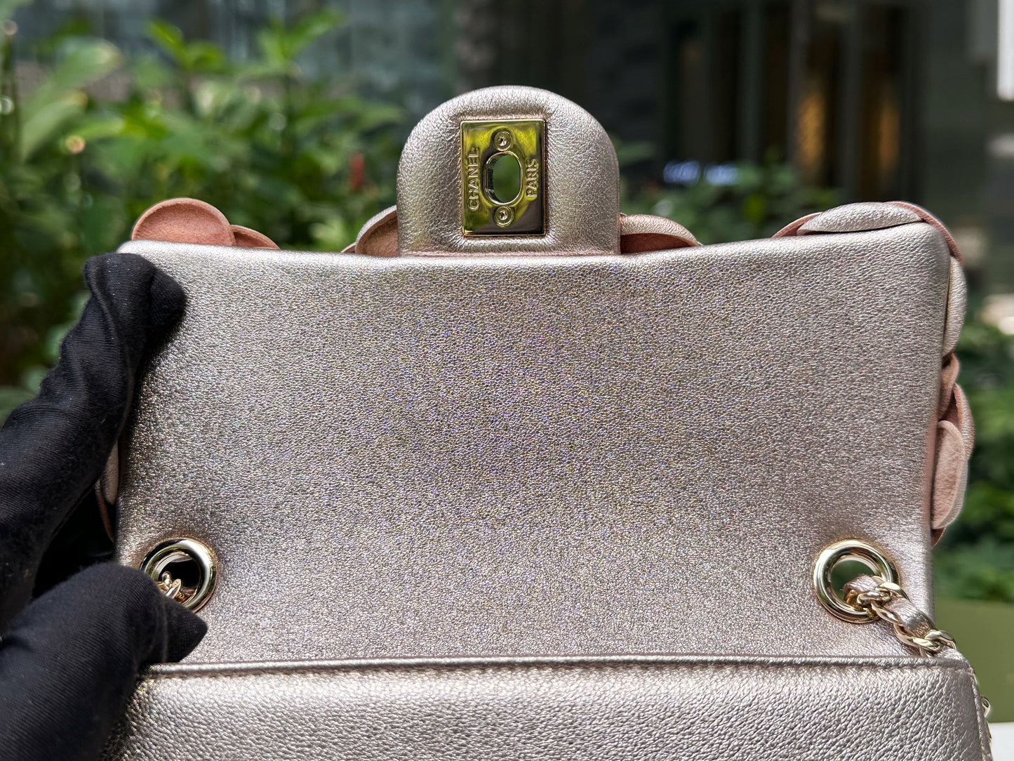 Chanel Camellia Mini Metallic Rose Gold/Pink Lambskin Gold Hardware 2078 holo card