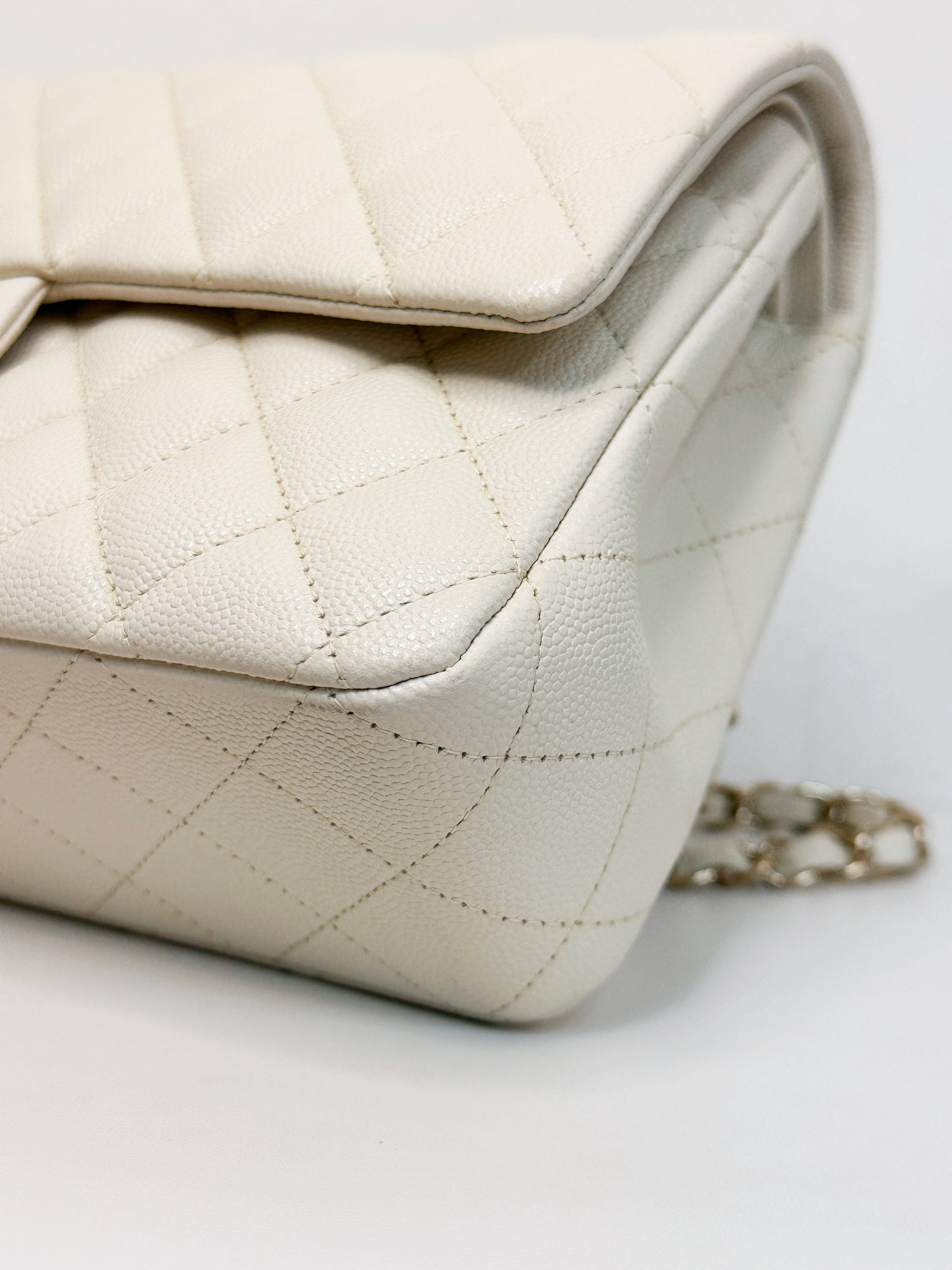 Chanel Medium Caviar Classic Quilted Double Flap White Light Beige Bag LGHW L45J microchip