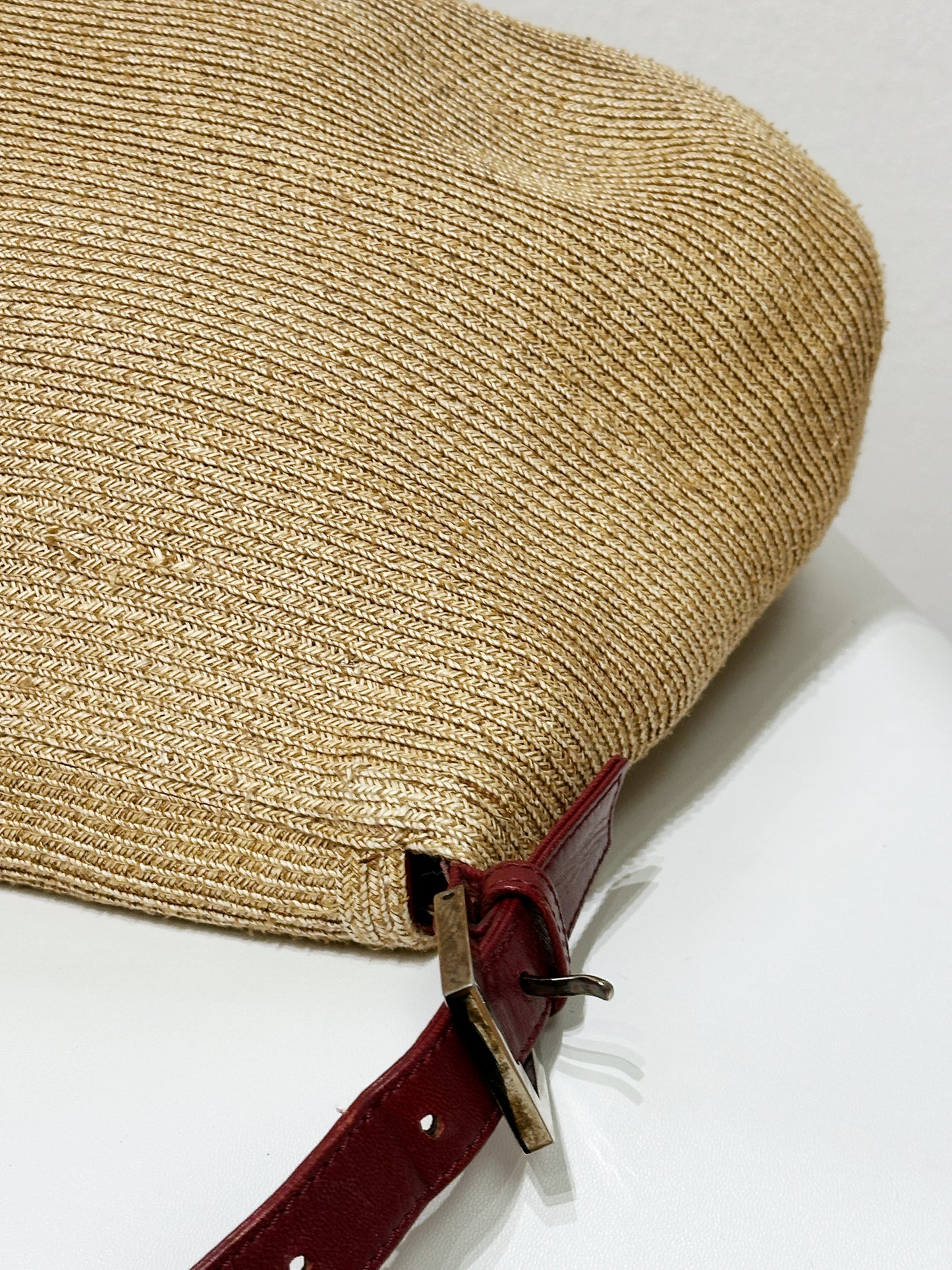Fendi Mamma Baguette Raffia Straw Shoulder Bag Red Leather Strap