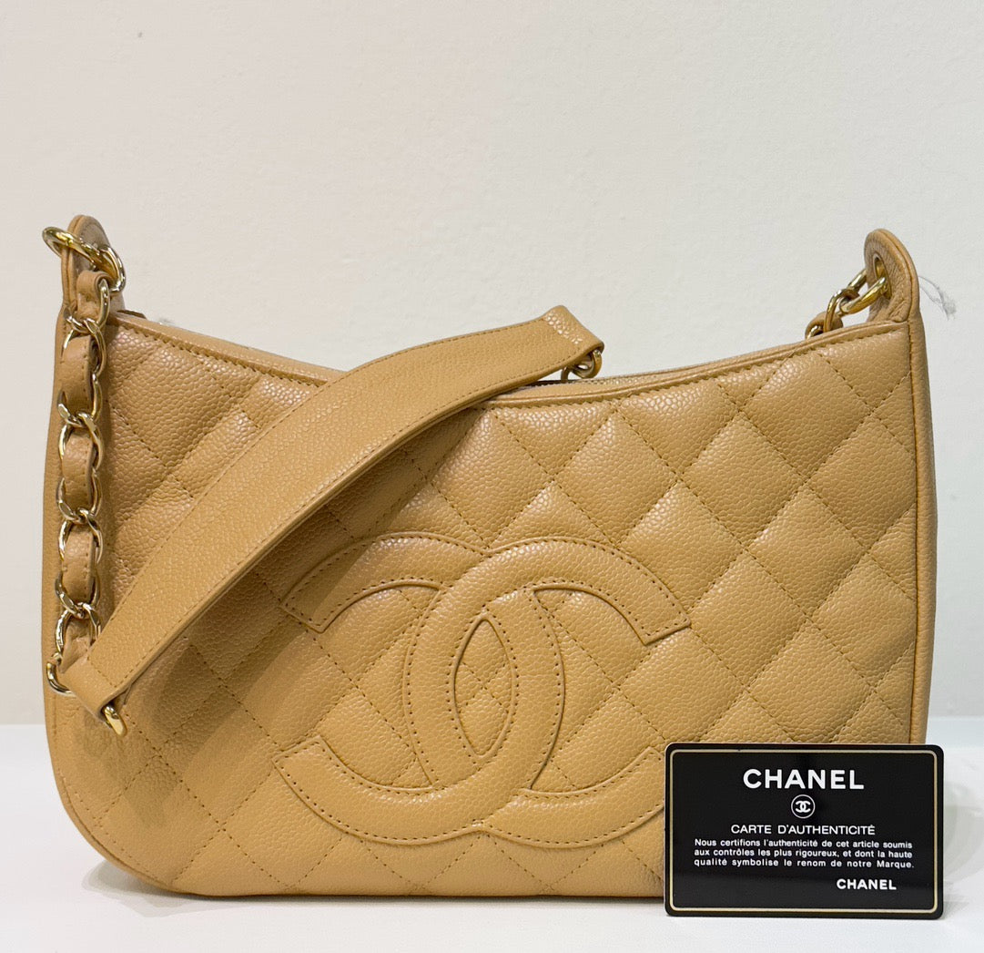 Chanel Caviar Leather Shoulder Bag Beige GHW