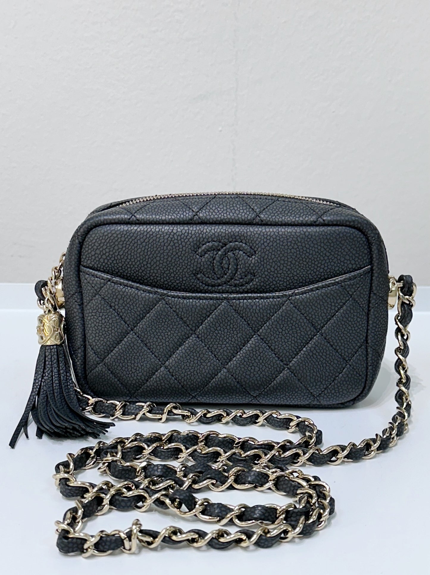 CHANEL Caviar Quilted Mini Coco Tassel Camera Case Black