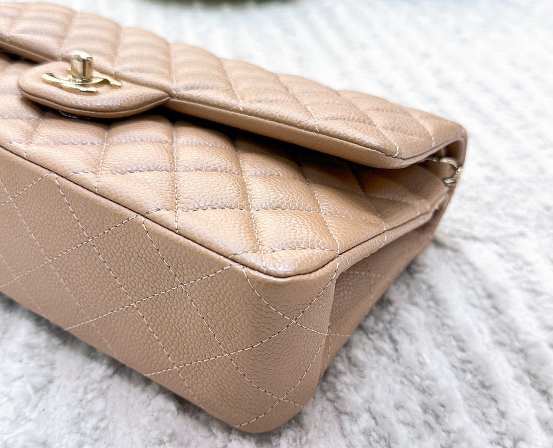 CHANEL Caviar Quilted Medium Double Flap Beige