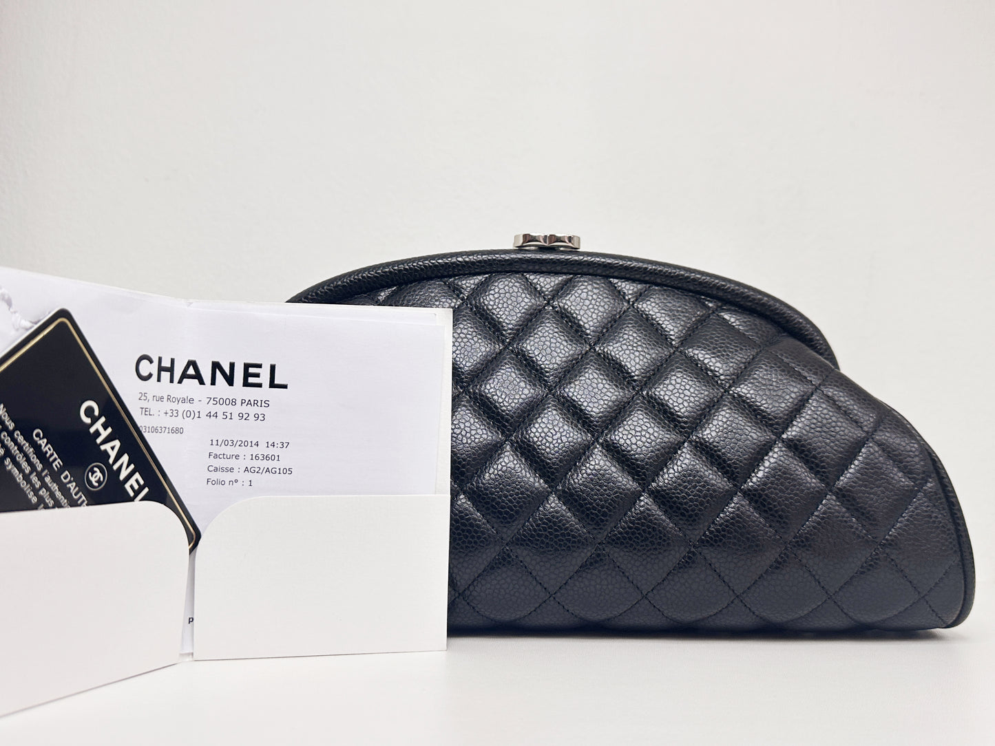Chanel Quilted Timeless Kisslock Clutch Black Caviar SHW 1915 holo card