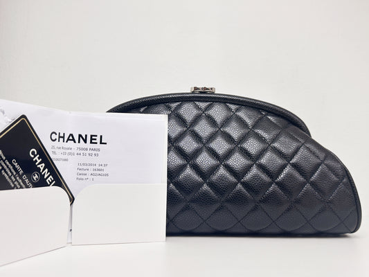 Chanel Quilted Timeless Kisslock Clutch Black Caviar SHW 1915 holo card