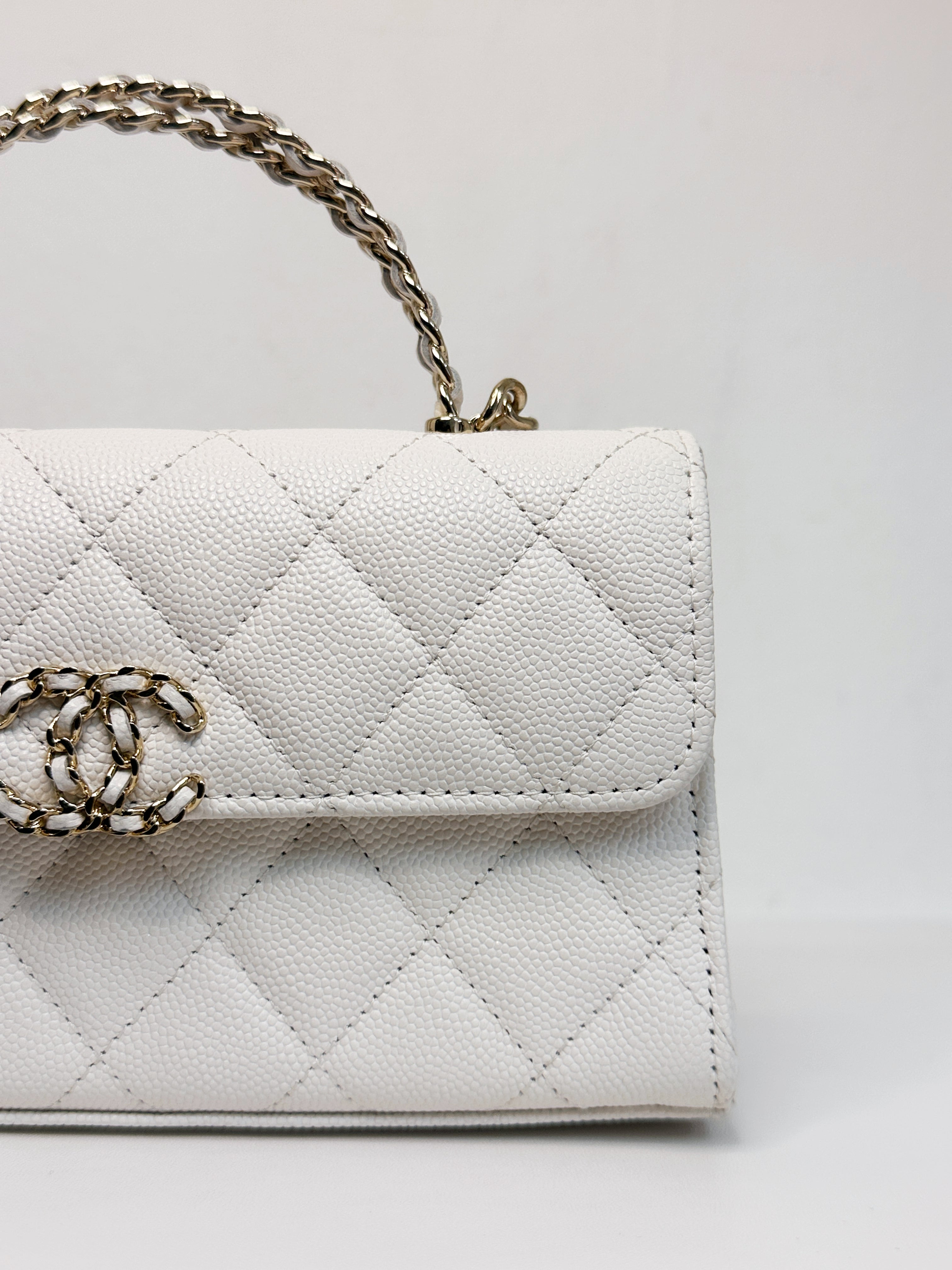 Chanel 23P Top Handle Kelly Clutch with Chain in White Caviar GHW