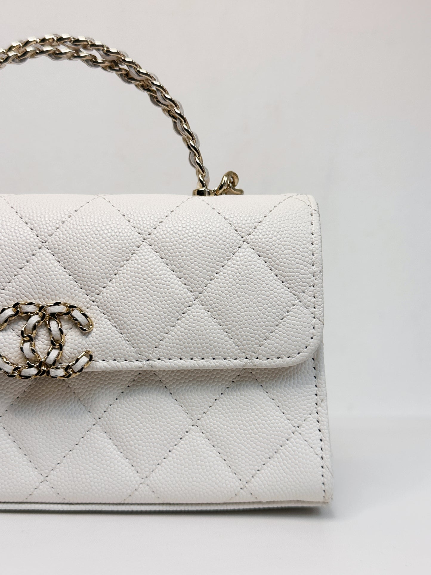 Chanel 23P Top Handle Kelly Clutch with Chain in White Caviar GHW