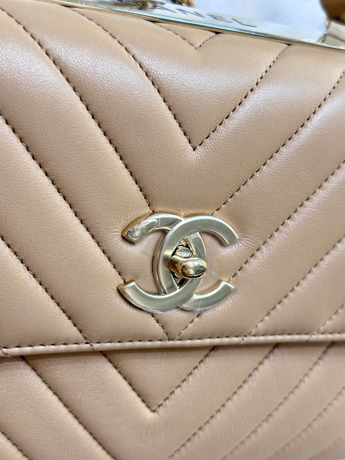 Chanel Lambskin Chevron Quilted Medium Trendy CC Dual Handle Flap Bag Beige