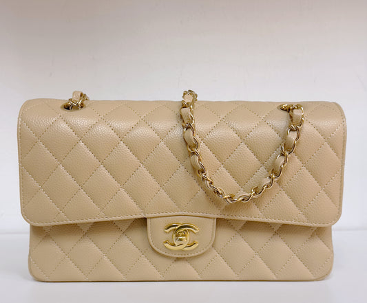 Chanel Medium Beige Classic Caviar Double Flap Bag GHW Microchip Singapore local Receipt